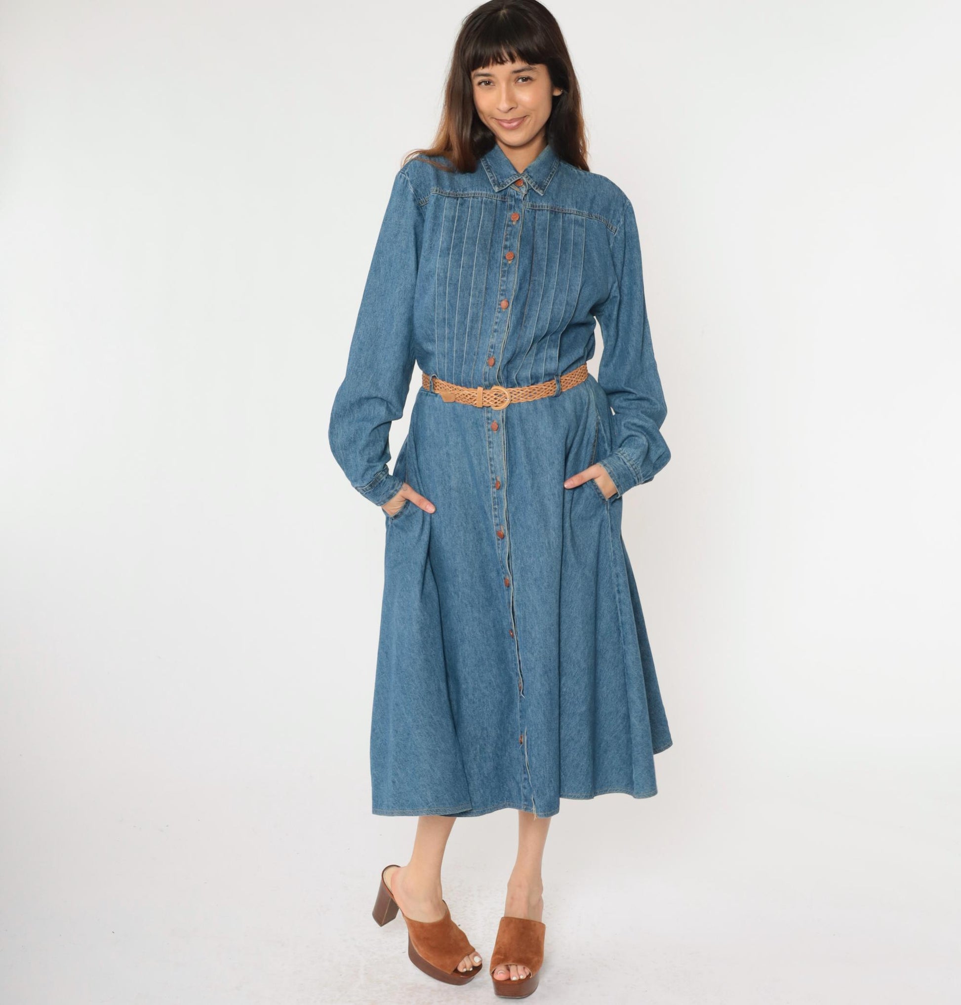 90s Nina Piccalino Denim Midi Shirtdress Blue High Waist Pleated Large 14