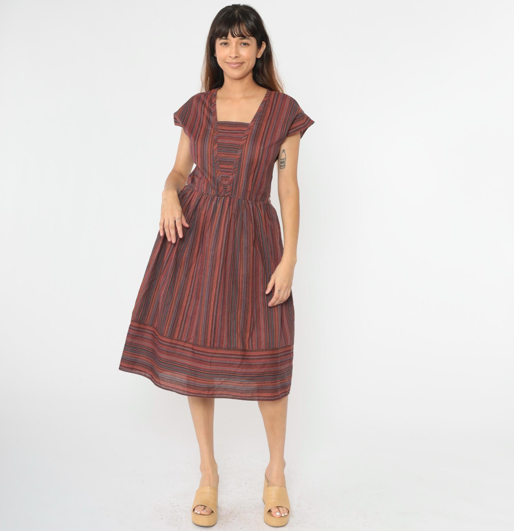 80s Multicolor Striped Midi Dress Keyhole Back Square Neck Cap Sleeve Medium