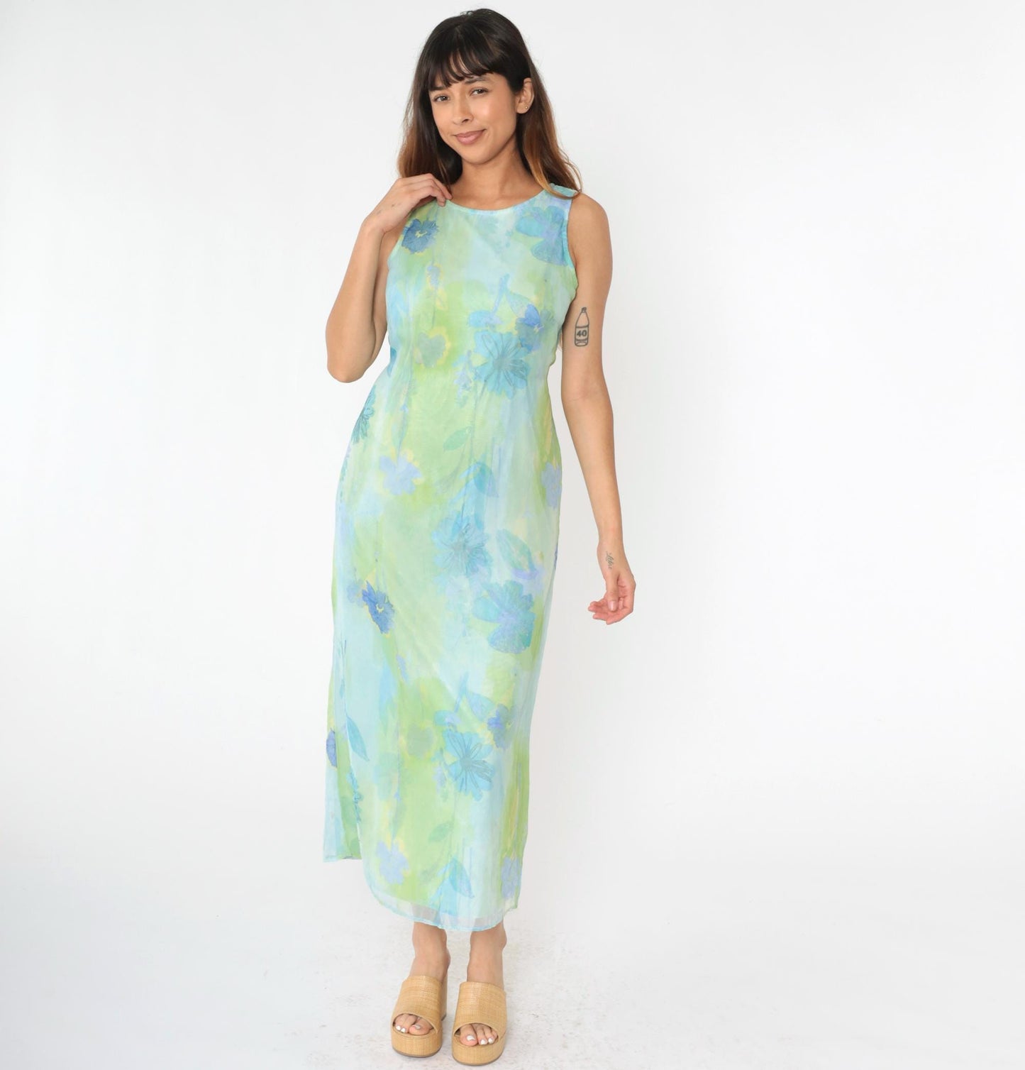 90s City Triangles Watercolor Floral Chiffon Midi Dress Blue Green Medium