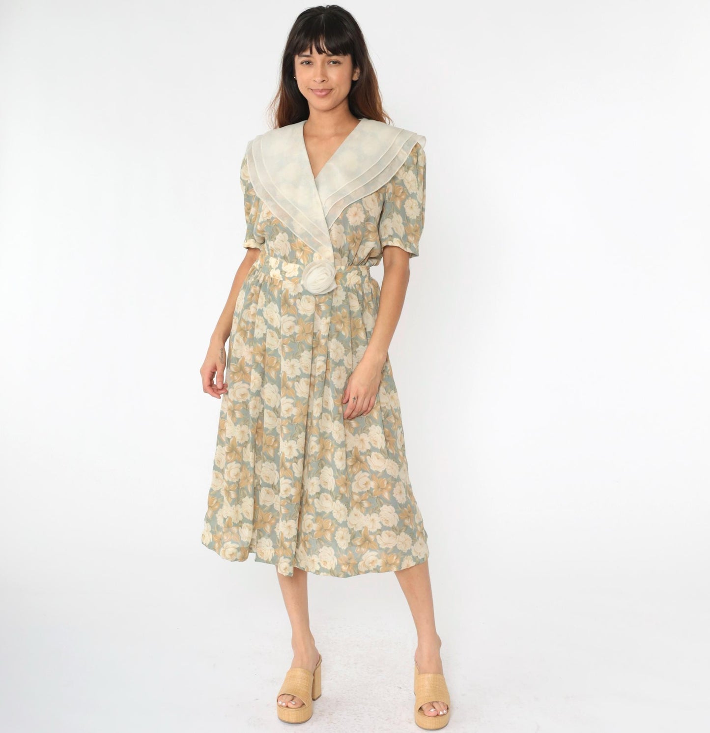 90s Leslie Fay Floral Midi Wrap Dress Puff Sleeve Shawl Collar Medium