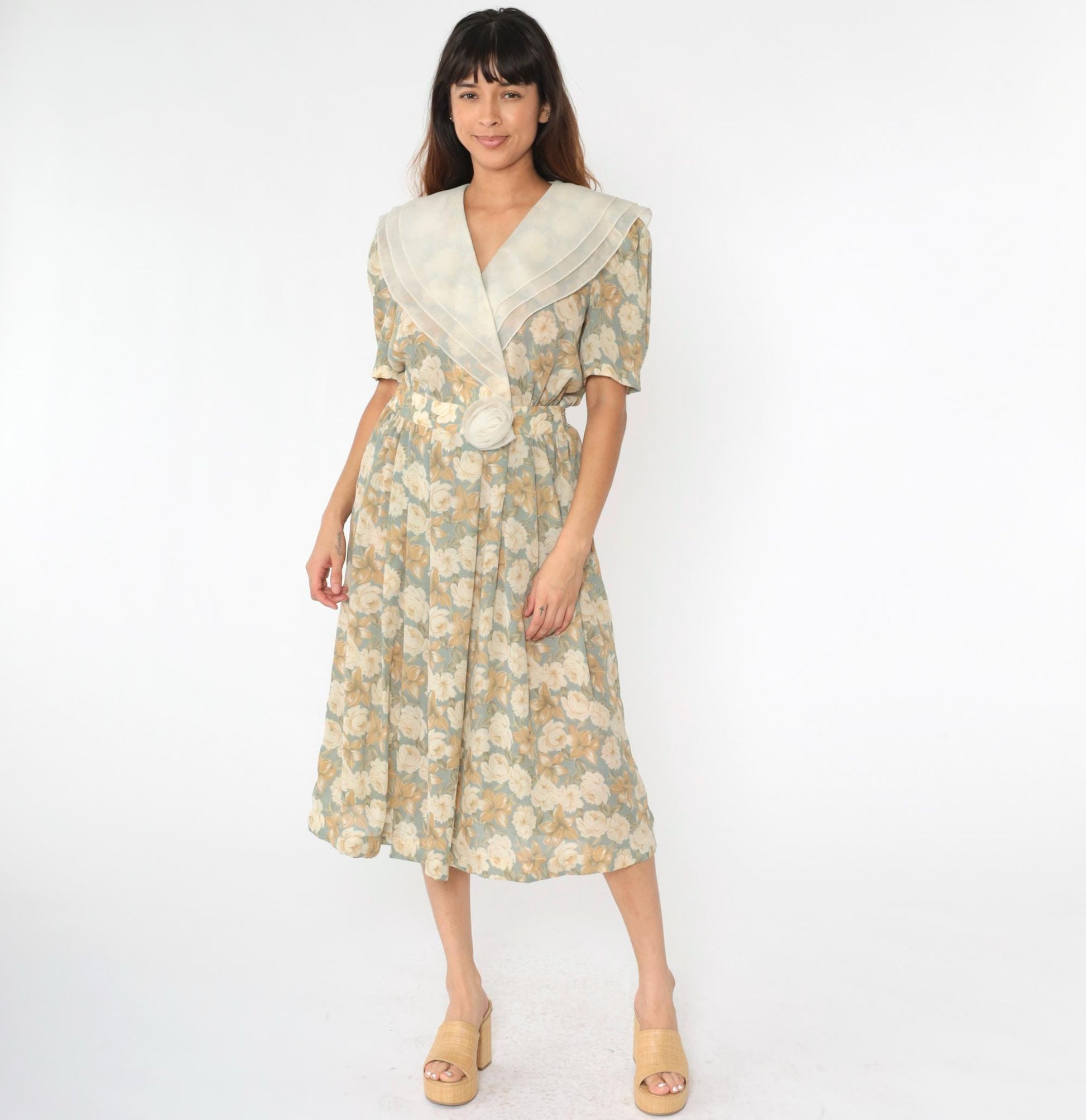 90s Leslie Fay Floral Midi Wrap Dress Puff Sleeve Shawl Collar Medium