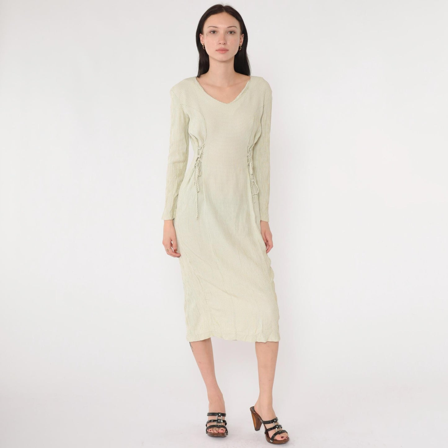 90s Sage Green Gingham Midi Dress Lace-Up Sides Princess Seams Small