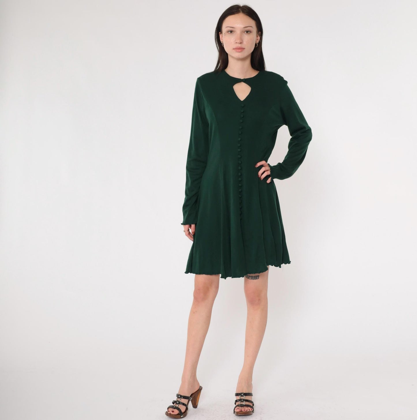 90s Dark Green Keyhole Mini Dress Long Sleeve Button Front A-Line Medium