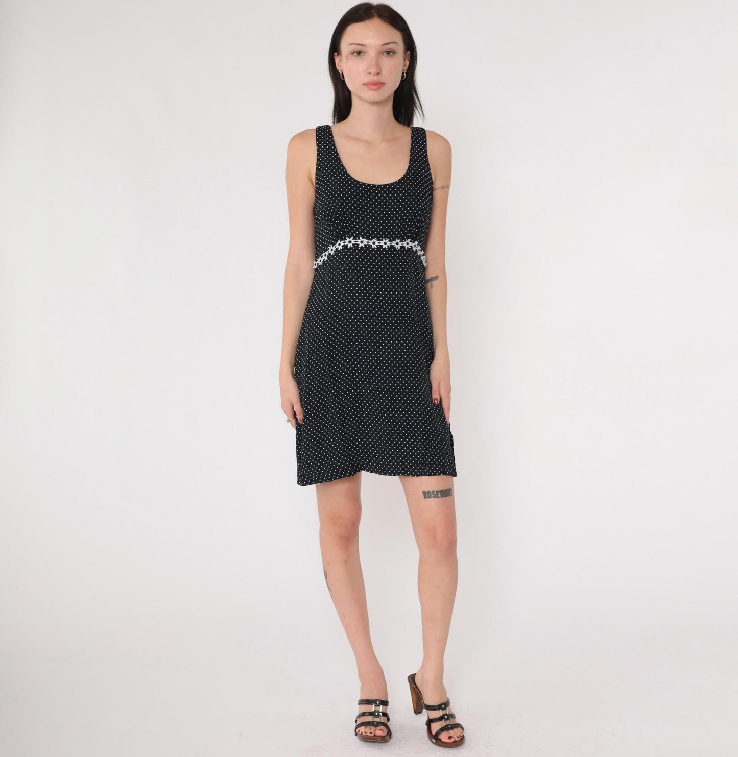 90s Black and White Polka Dot Mini Dress Empire Waist Daisy Trim Small
