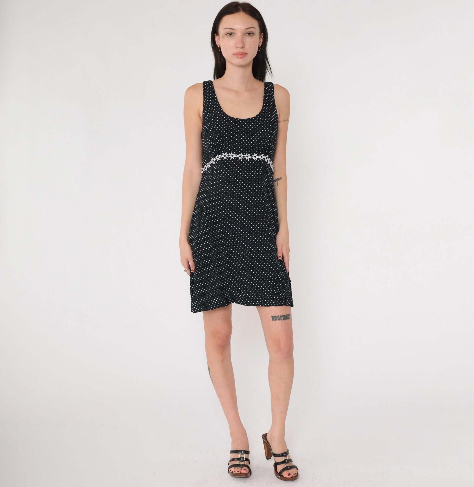 90s Black and White Polka Dot Mini Dress Empire Waist Daisy Trim Small