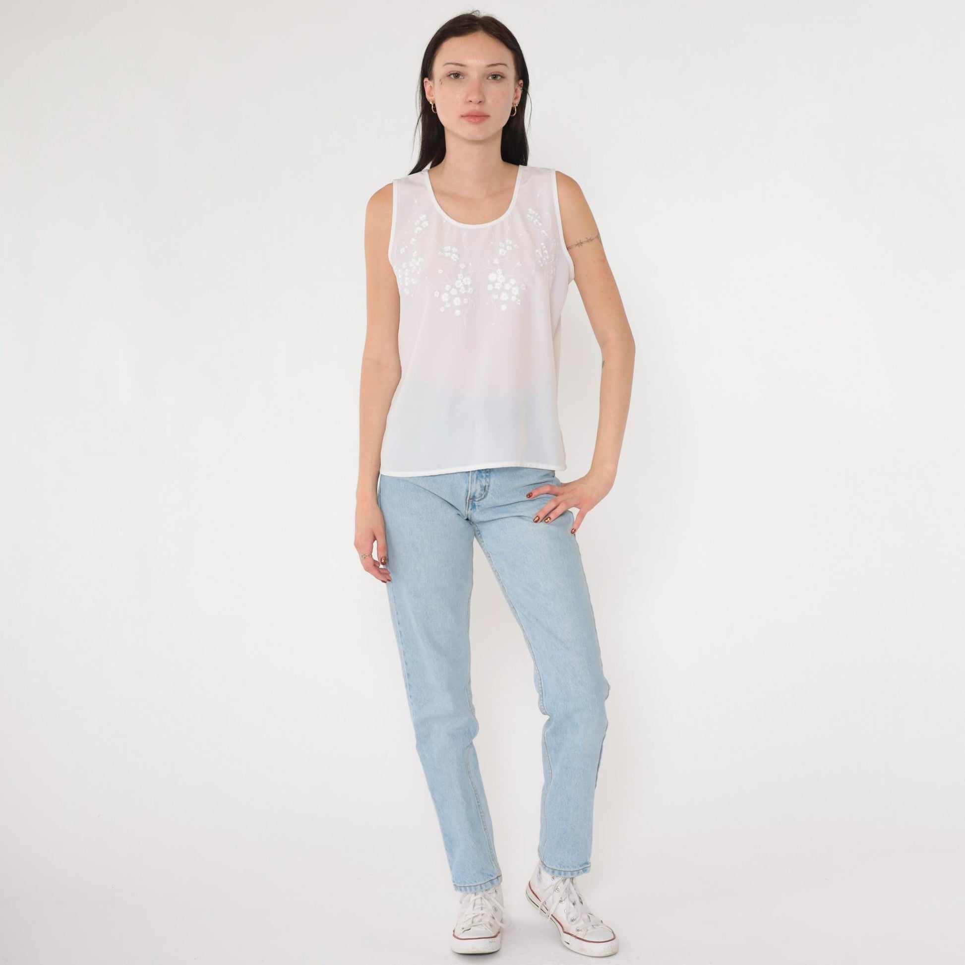 90s Yves St. Clair White Floral Embroidered Tank Top Scoop Neck Petite Medium