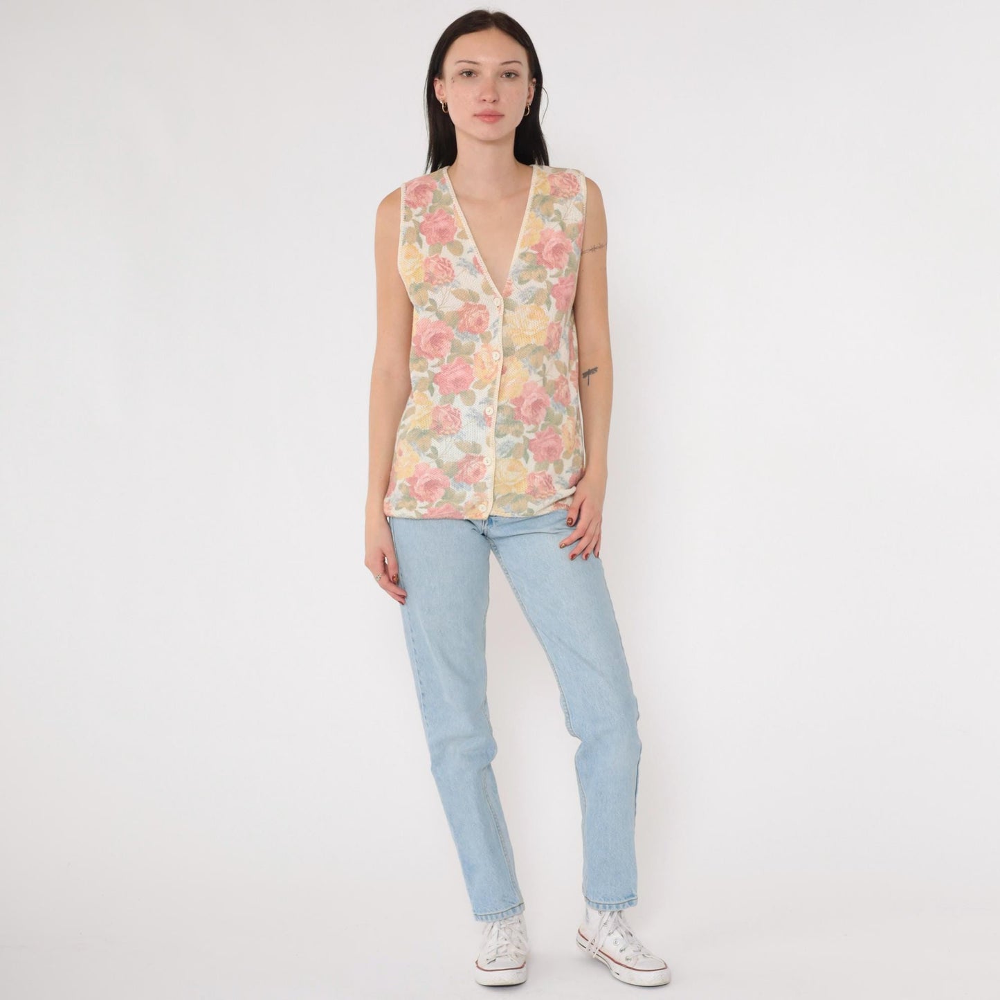 90s Floral Knit Vest Pink Yellow Rose Print Button-Up Sleeveless Medium