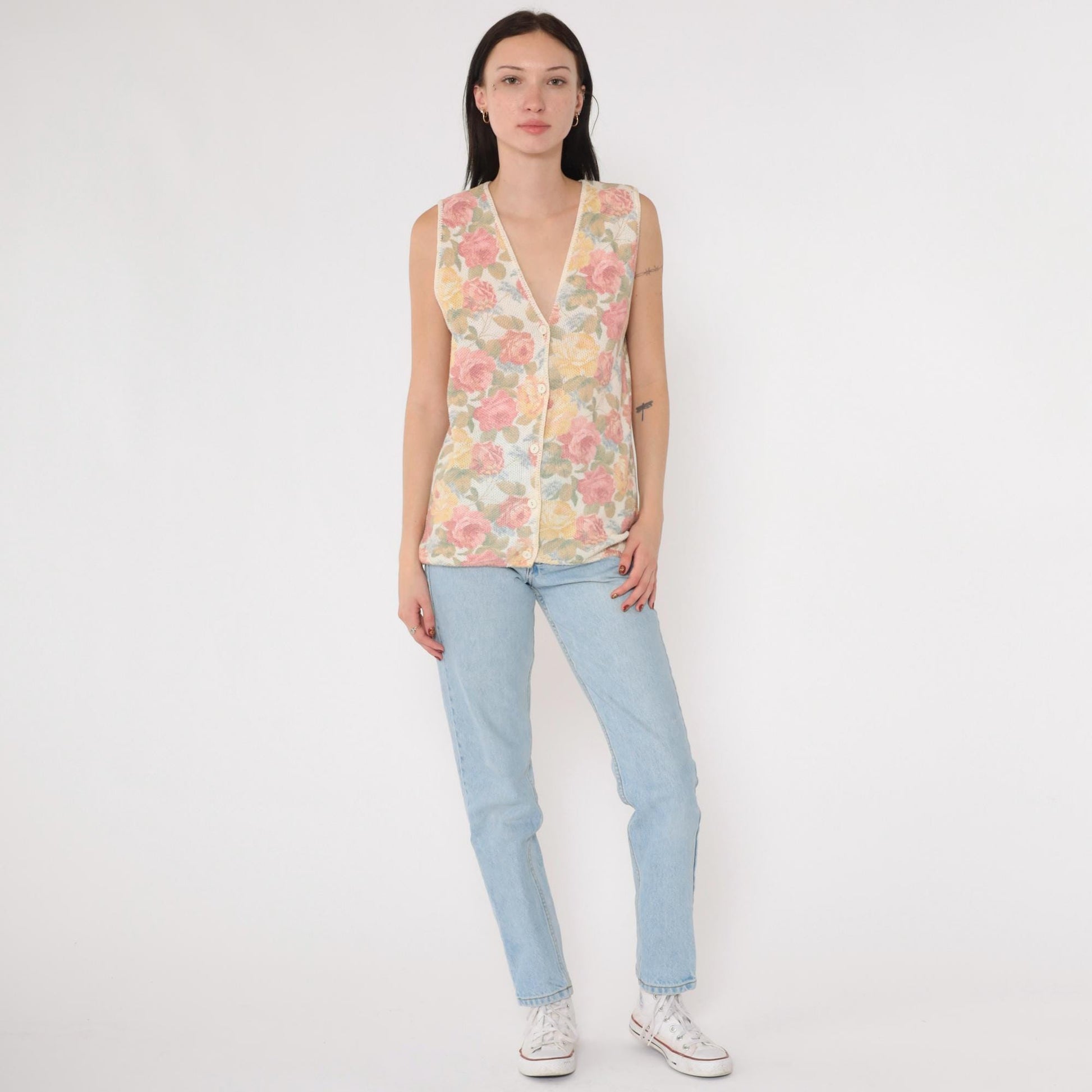 90s Floral Knit Vest Pink Yellow Rose Print Button-Up Sleeveless Medium