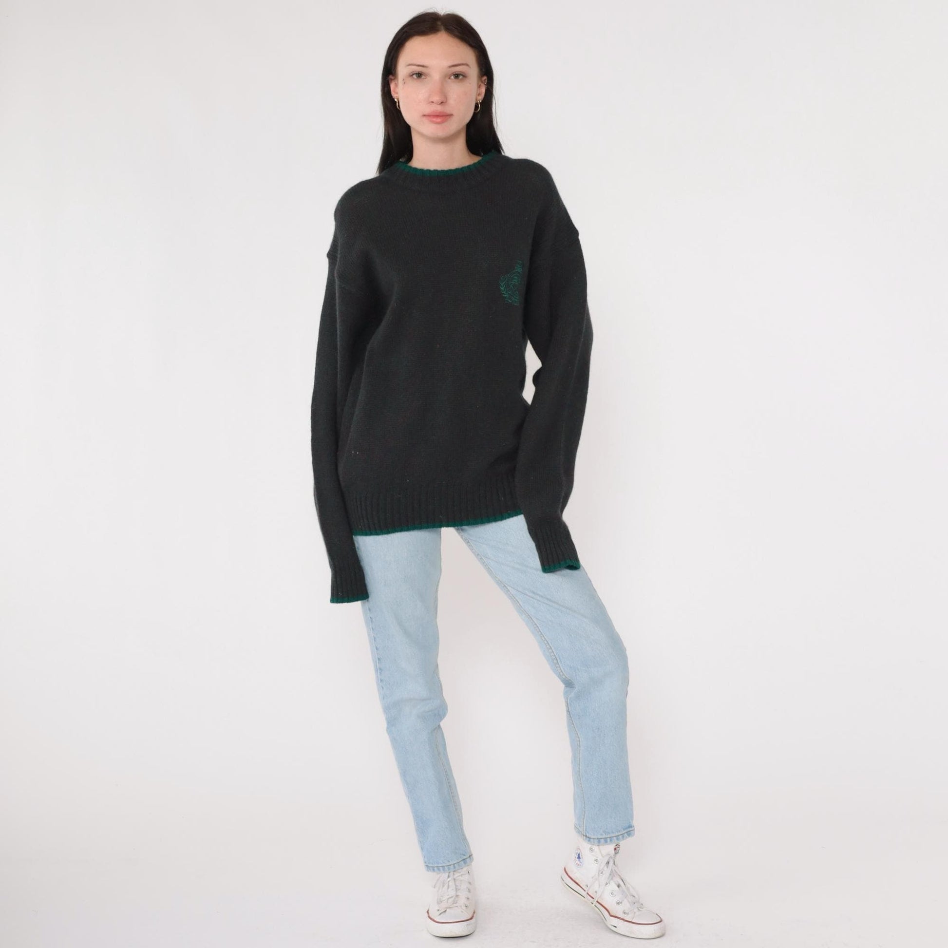 90s Hunting Horn Classics Shetland Wool Sweater Flecked Red Green Crest Medium