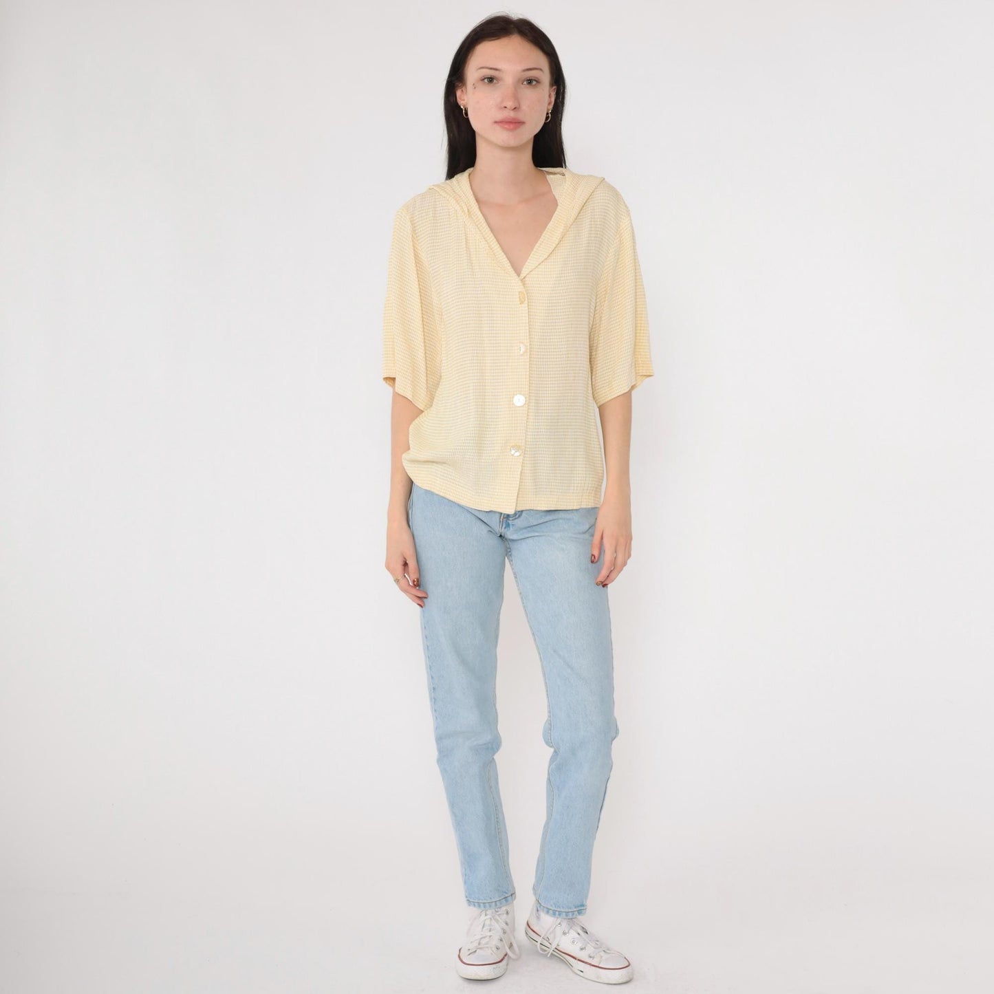 90s Yellow Gingham Sailor Collar Button-Up Blouse Half Sleeve Medium