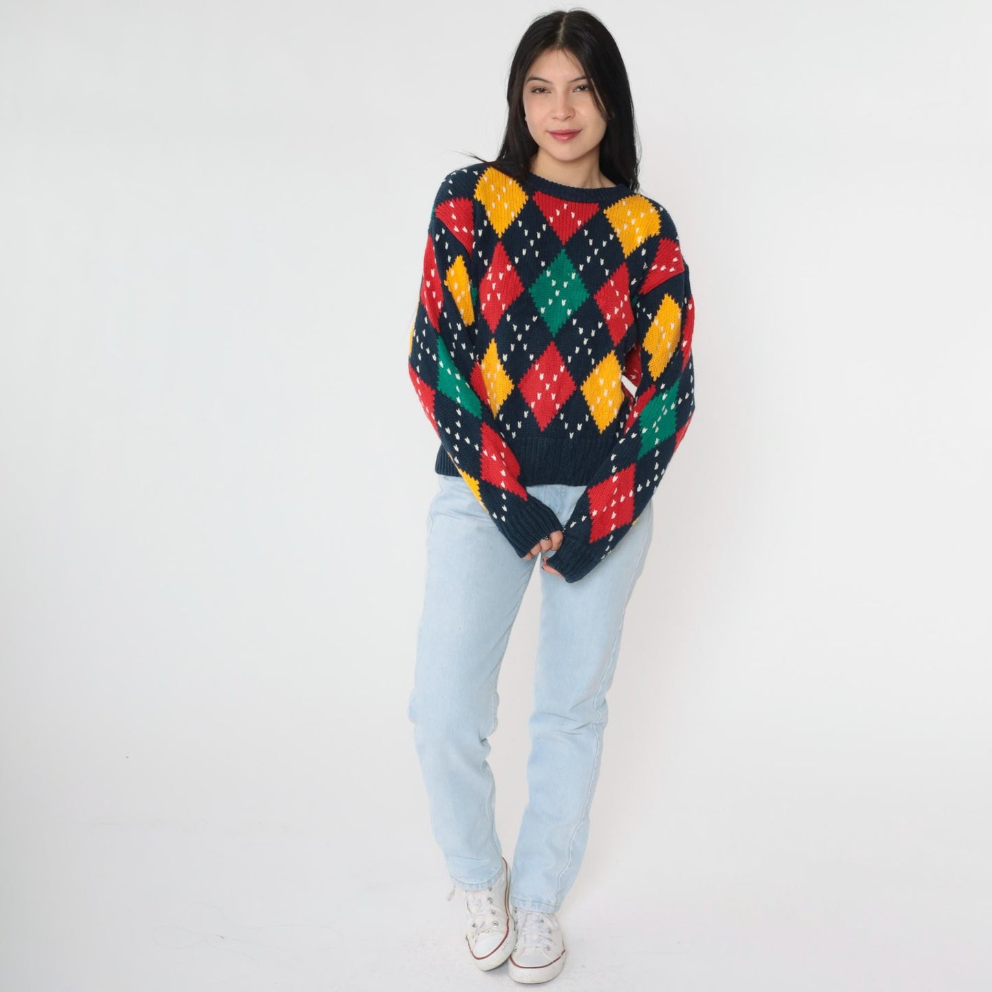 90s LizSport Argyle Sweater Navy Crewneck Pullover Cotton Ramie Medium