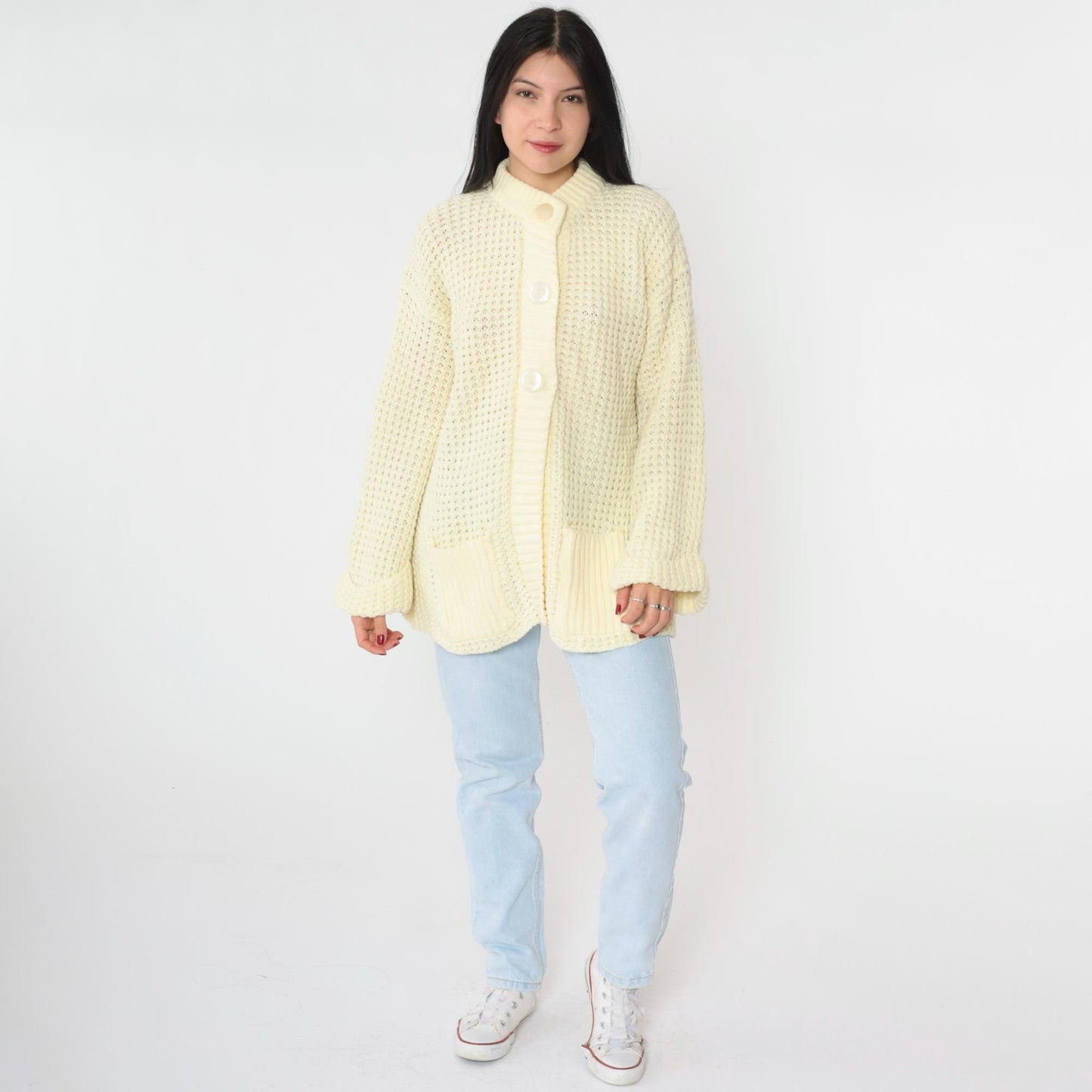 70s Cream Yellow Waffle Knit Cardigan Button-Up Ribbed Collar Pockets Medium Large