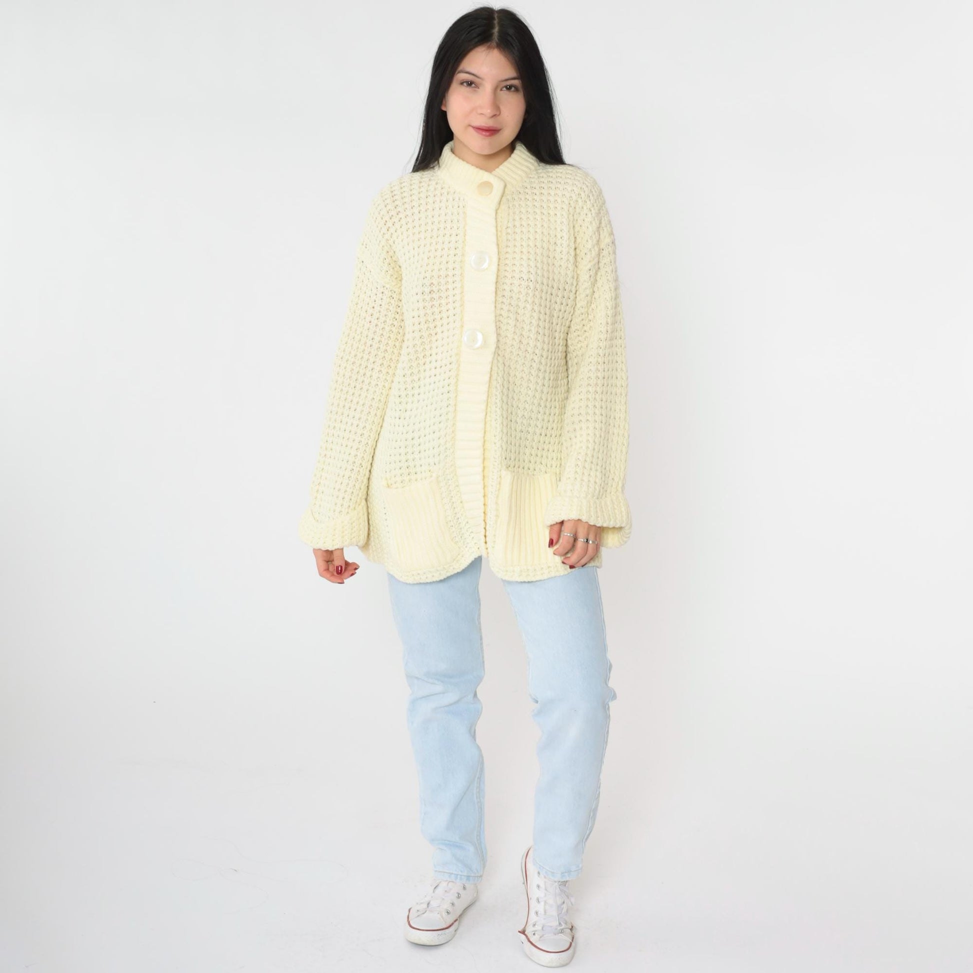 70s Cream Yellow Waffle Knit Cardigan Button-Up Ribbed Collar Pockets Medium Large