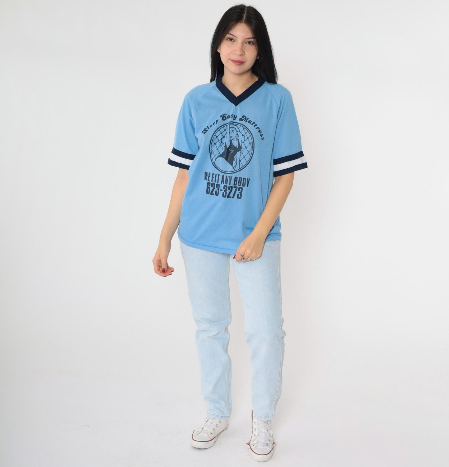 80s Sleep Easy Mattress Baseball Jersey Blue Mesh Raglan Ringer Tee Medium