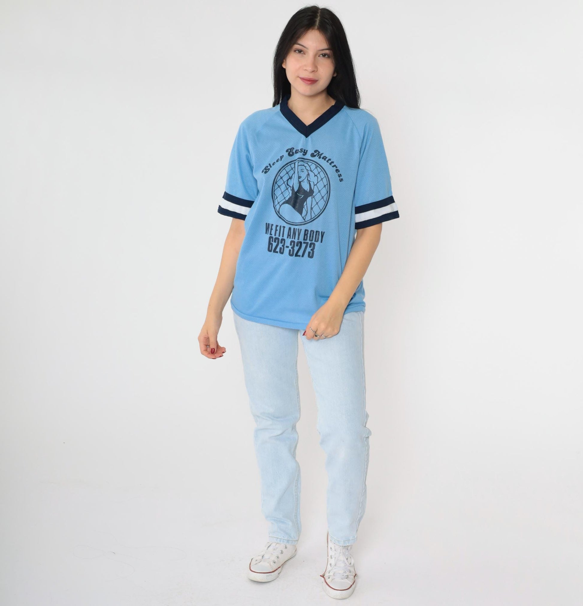 80s Sleep Easy Mattress Baseball Jersey Blue Mesh Raglan Ringer Tee Medium