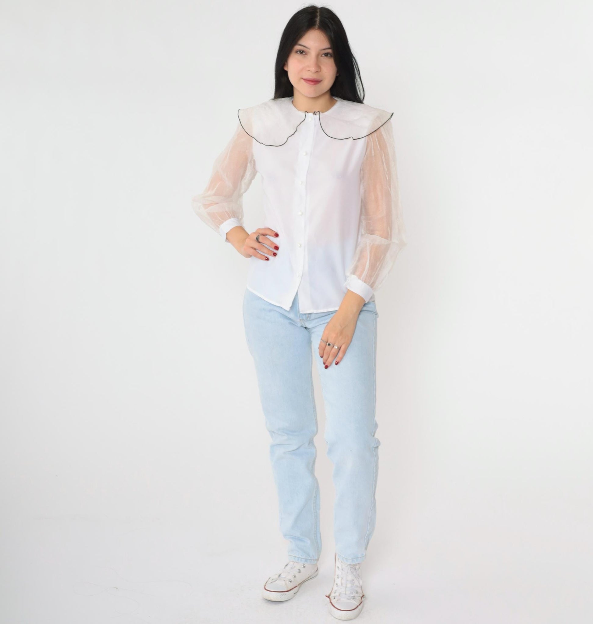 80s White Organza Puff Sleeve Blouse Peter Pan Collar Button Up Small