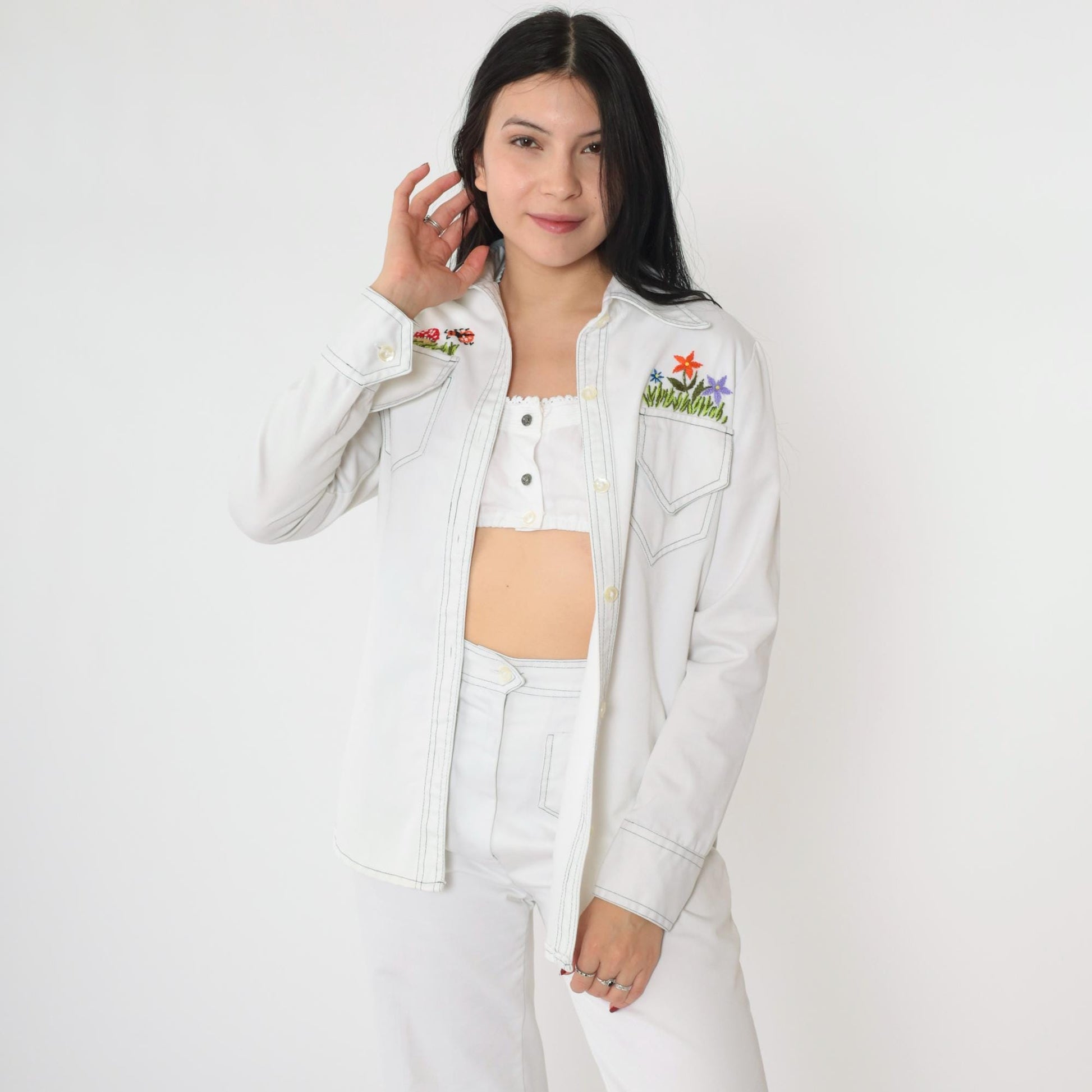 70s Andi Luv Embroidered Mushroom Two Piece Set White Cotton Blouse Pants Small