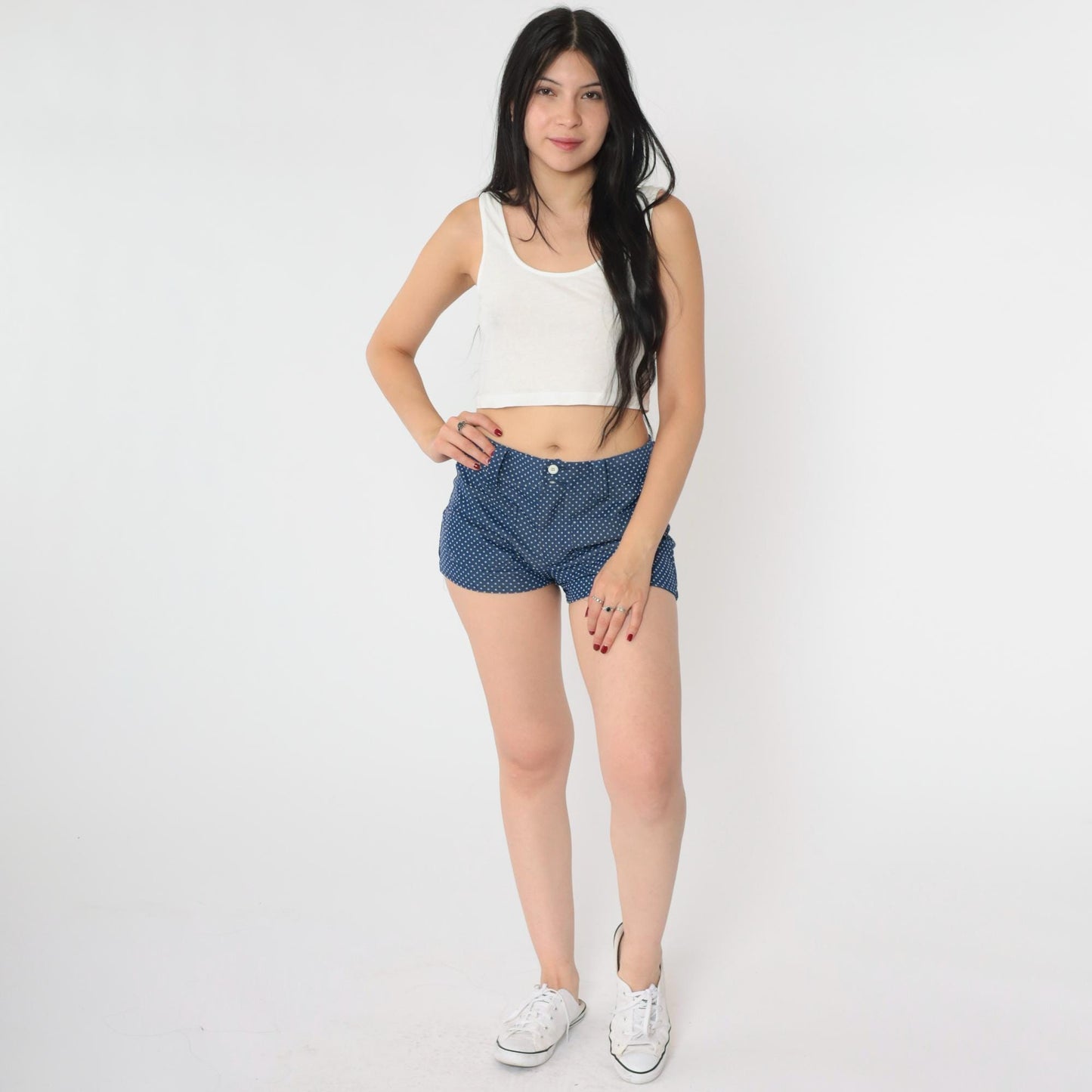 70s Polka Dot Shorts Mid Rise Dark Blue White Small