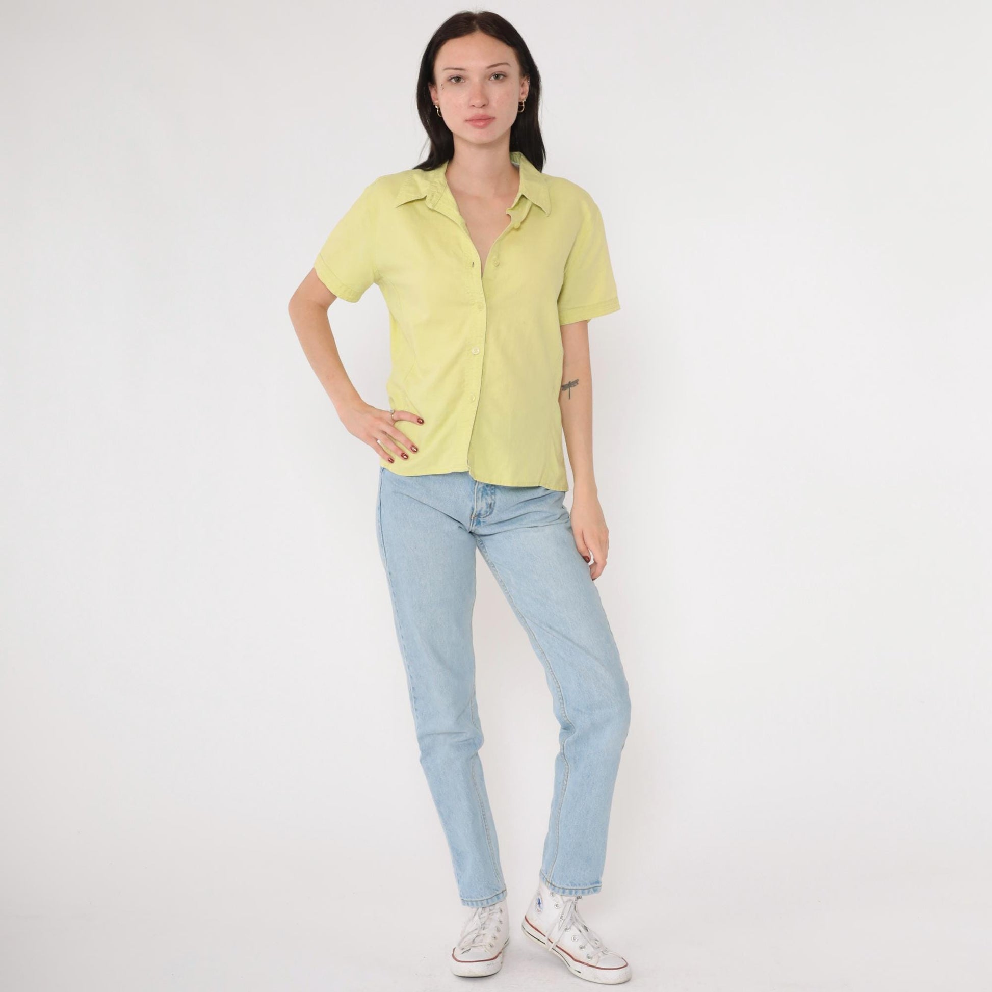 90s Bill Blass Lime Green Linen Blend Button-Up Blouse Short Sleeve Medium