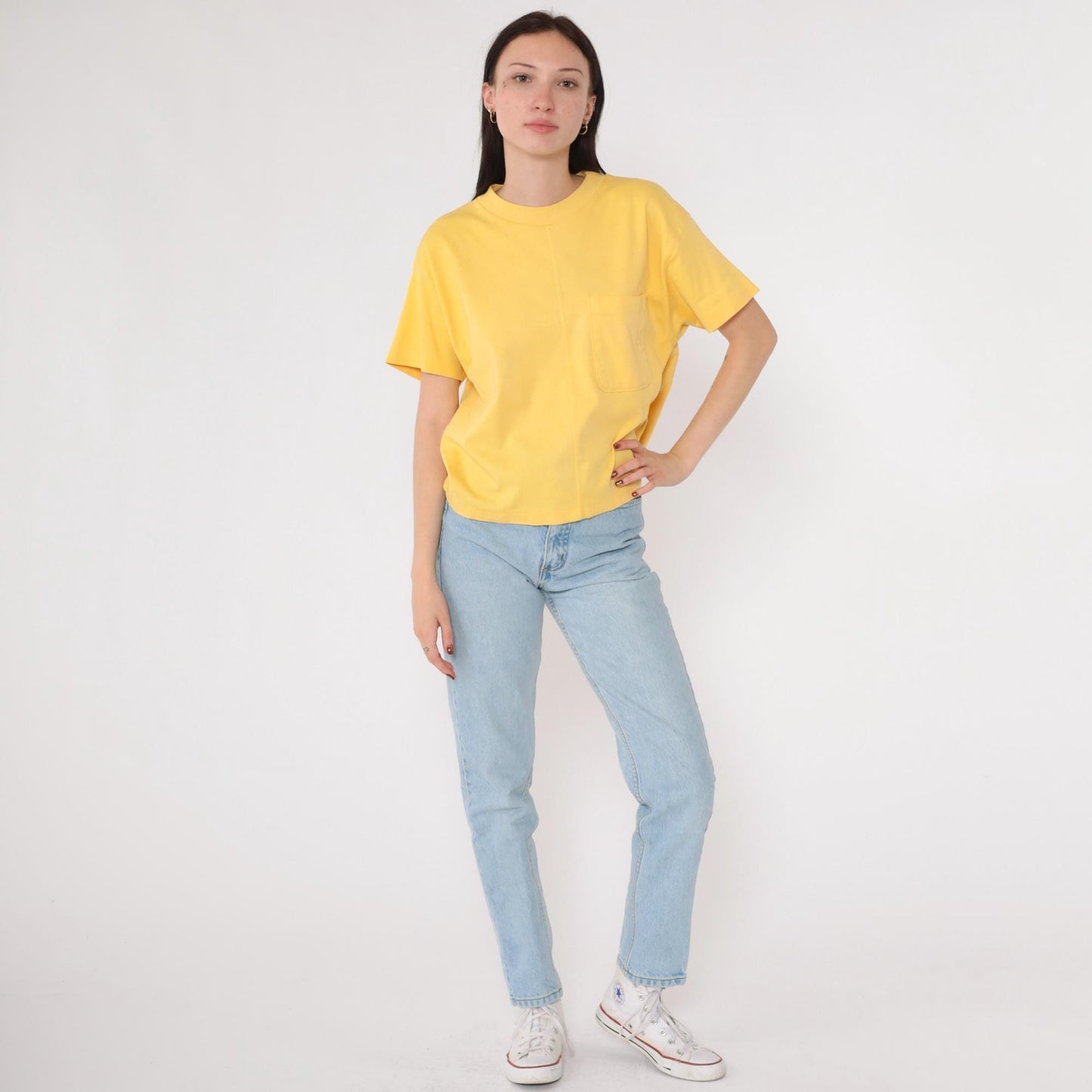 90s Yellow Pocket T-Shirt Joan Harper Crewneck Plain Tee Medium