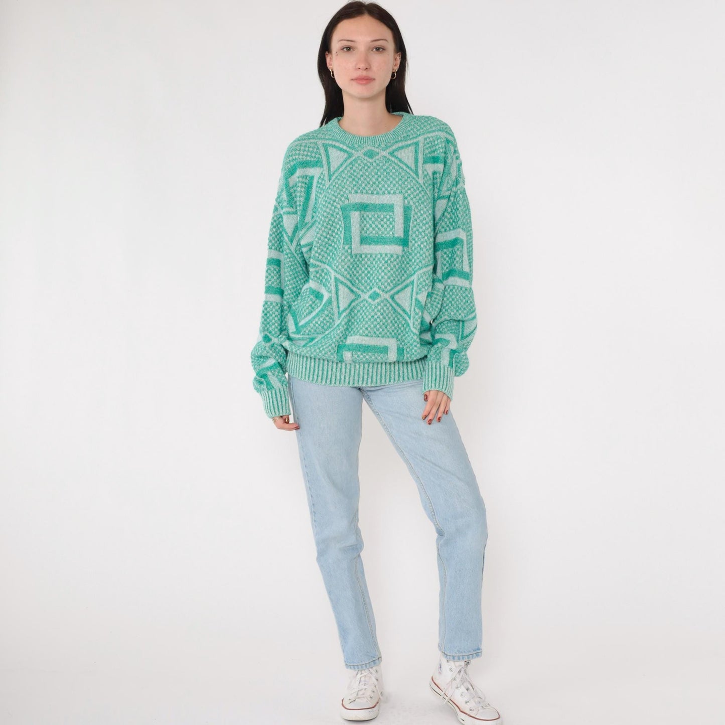 90s Jantzen Geometric Knit Sweater Green White Crewneck Large