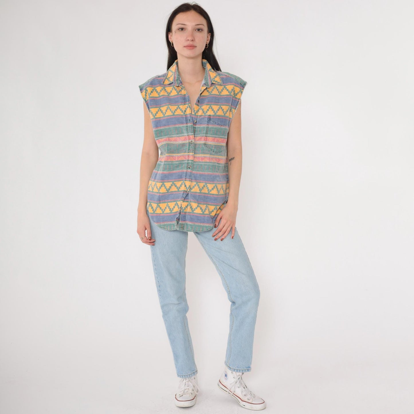 90s Quizz Southwestern Geometric Button-Up Tank Yellow Blue Green Medium