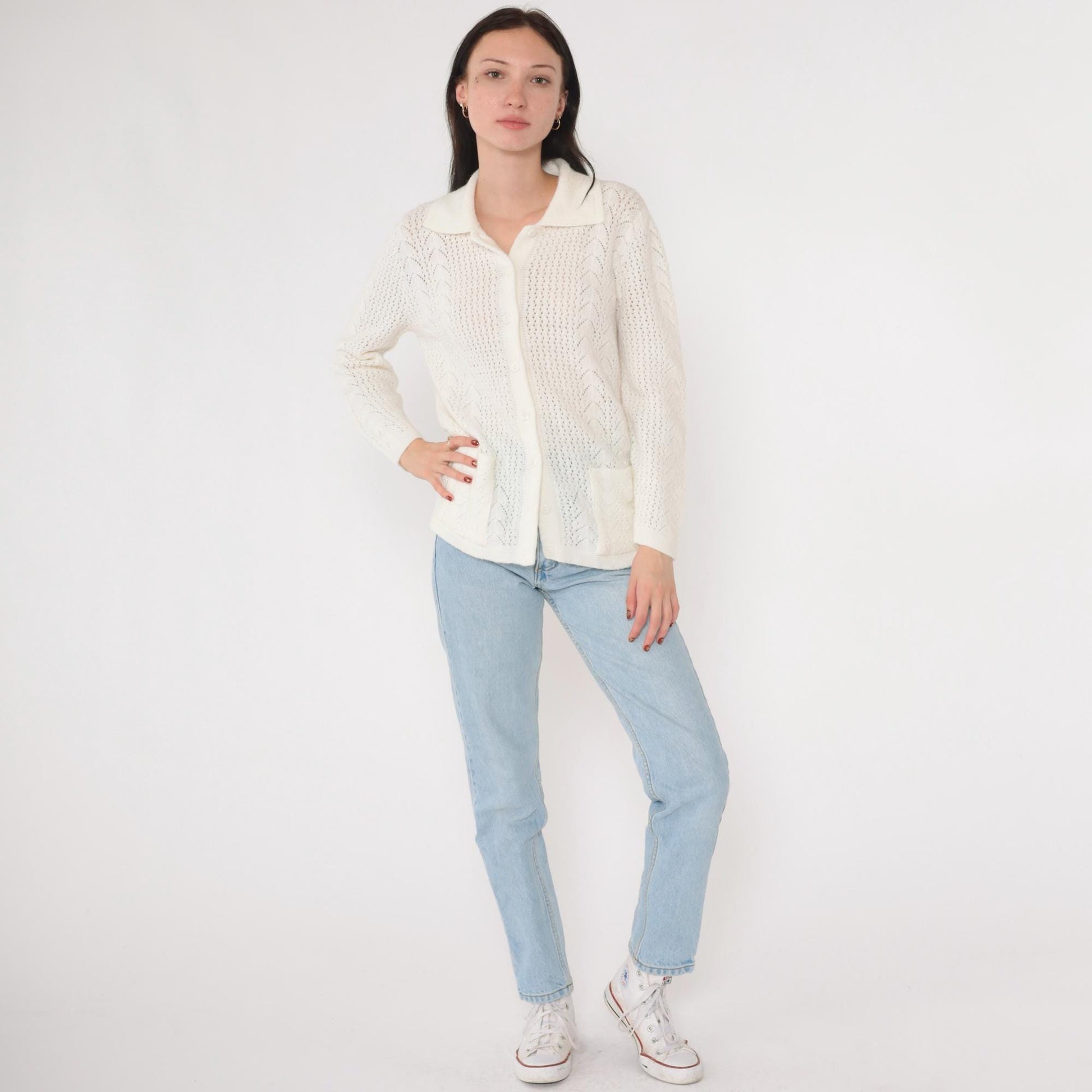 70s White Pointelle Open Weave Cardigan Button Up Knit Medium