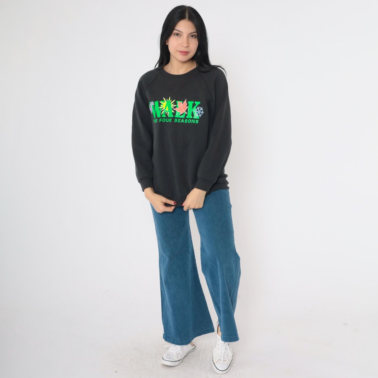 90s Lee Walk The Four Seasons Neon Graphic Sweatshirt Black Raglan Large