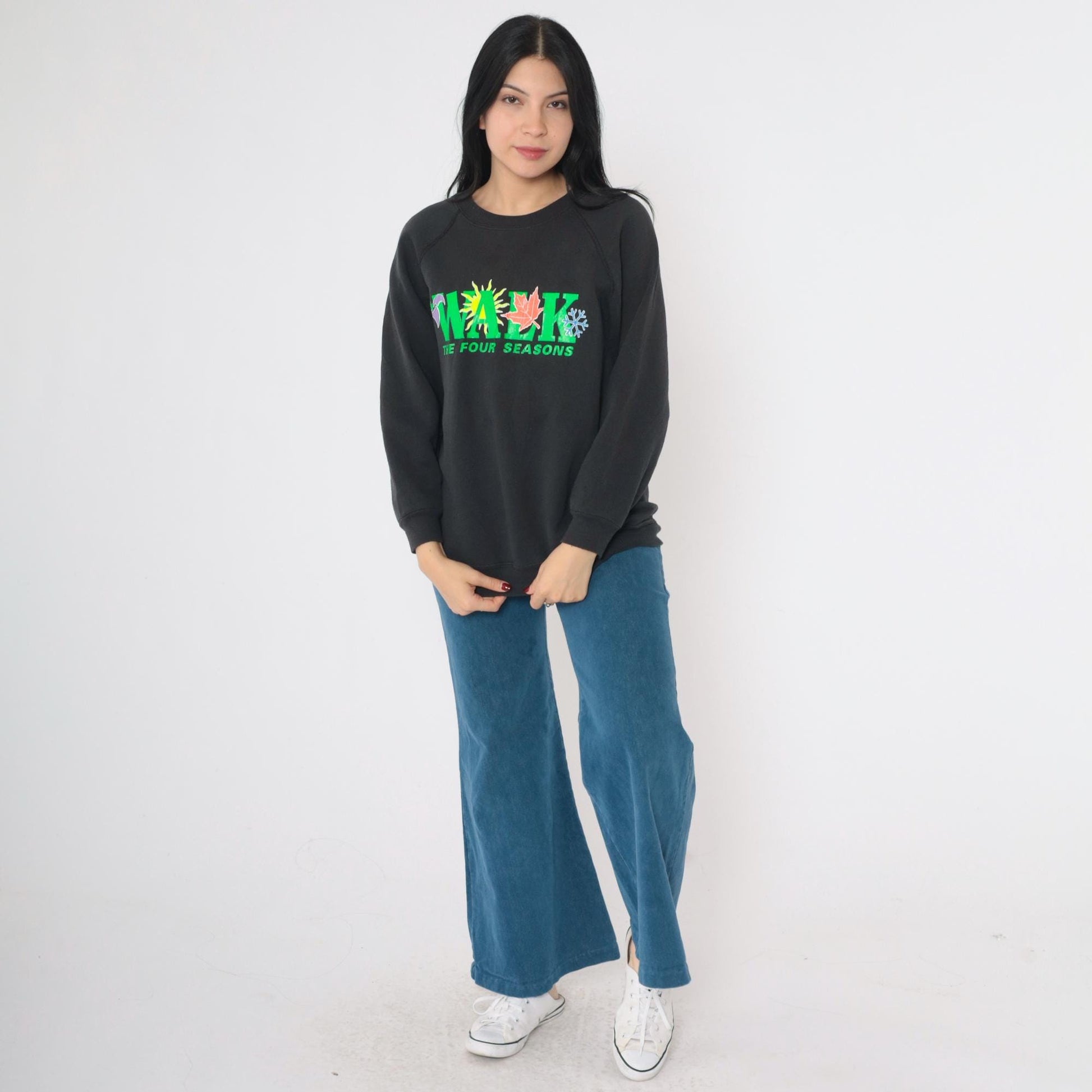 90s Lee Walk The Four Seasons Neon Graphic Sweatshirt Black Raglan Large