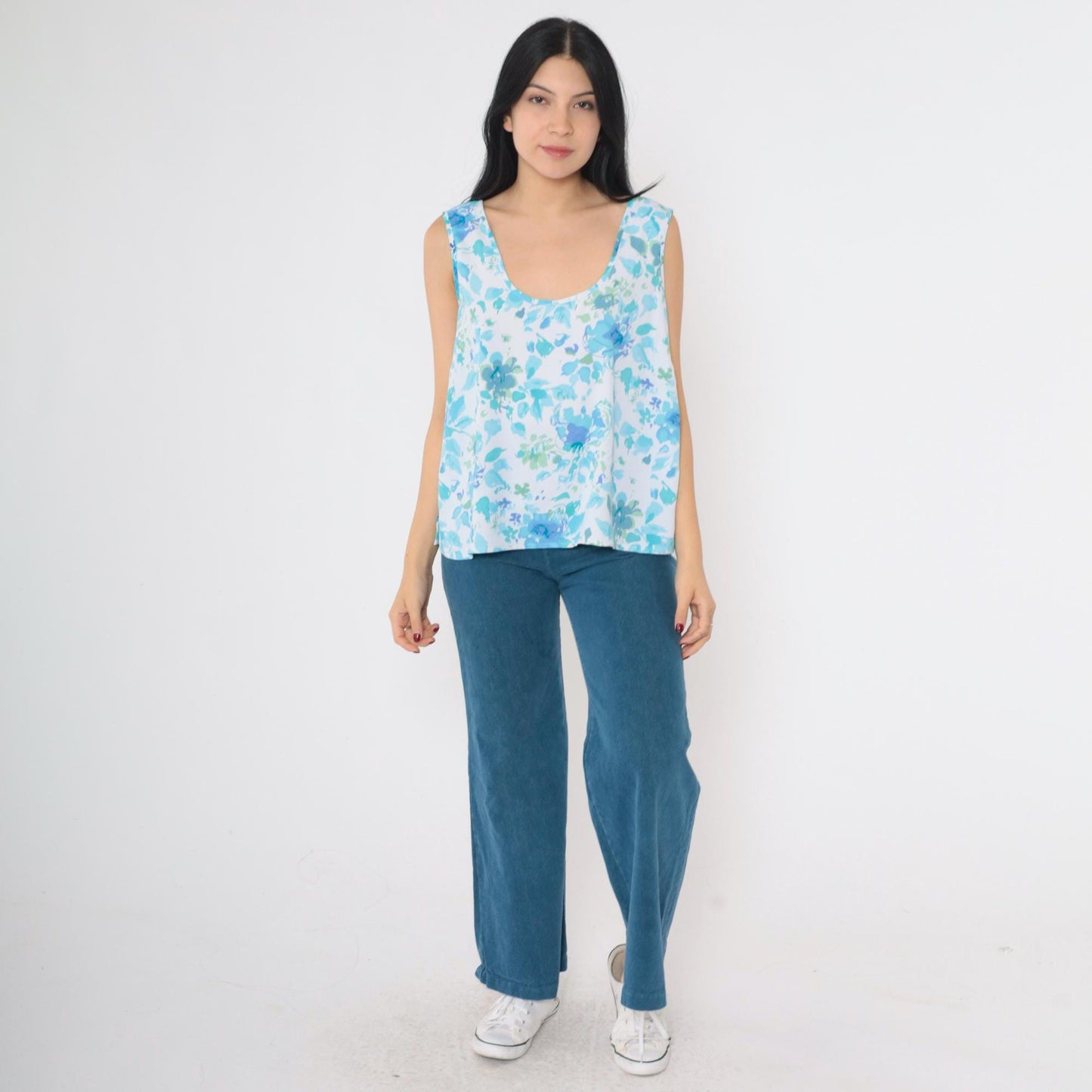 90s Apparenza Floral Tank Top Blue Abstract Print Scoop Neck Extra Large