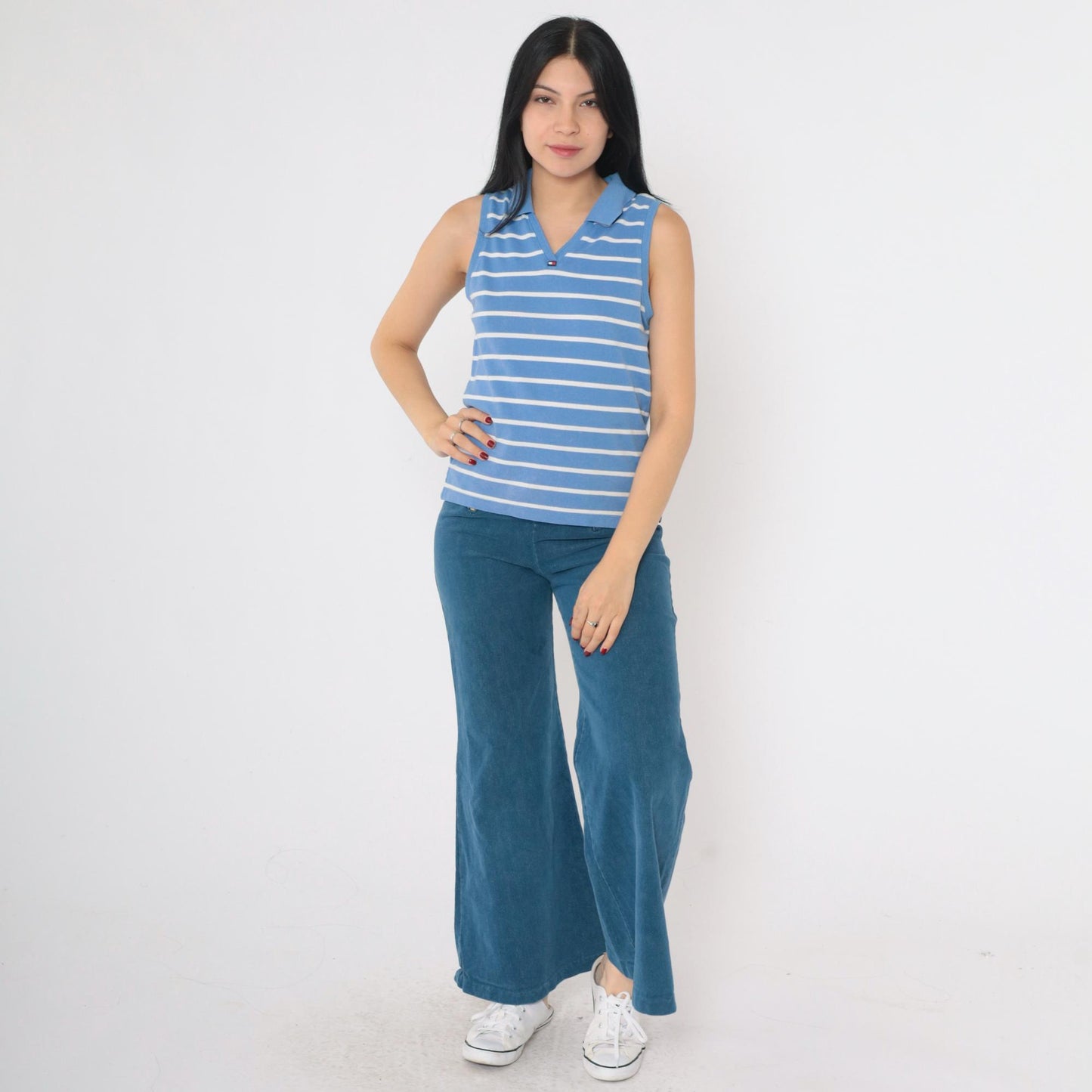 Y2K Tommy Jeans Striped Tank Top Blue White Collared V-Neck Small