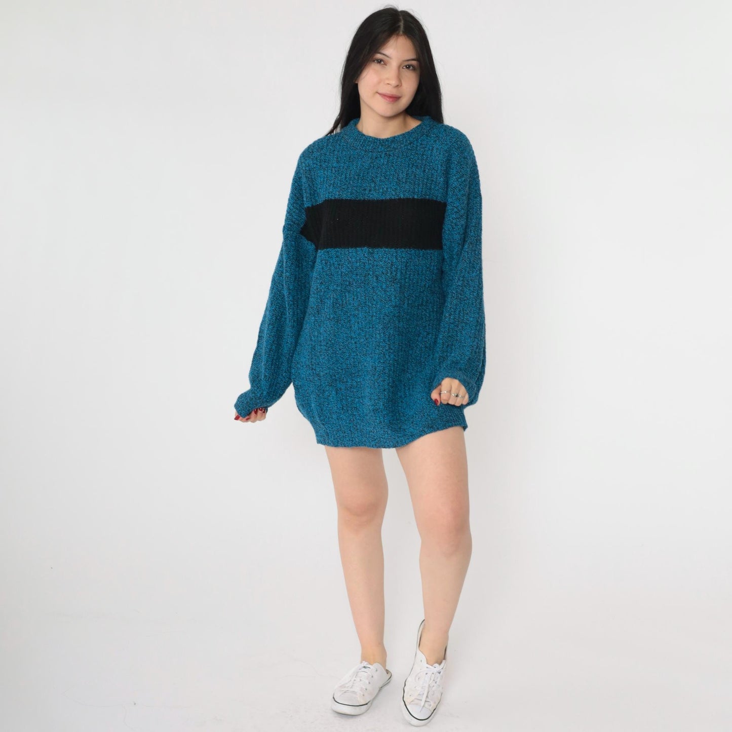 80s Wool Color Block Sweater Blue Black Striped Crewneck Pullover Men's Medium M