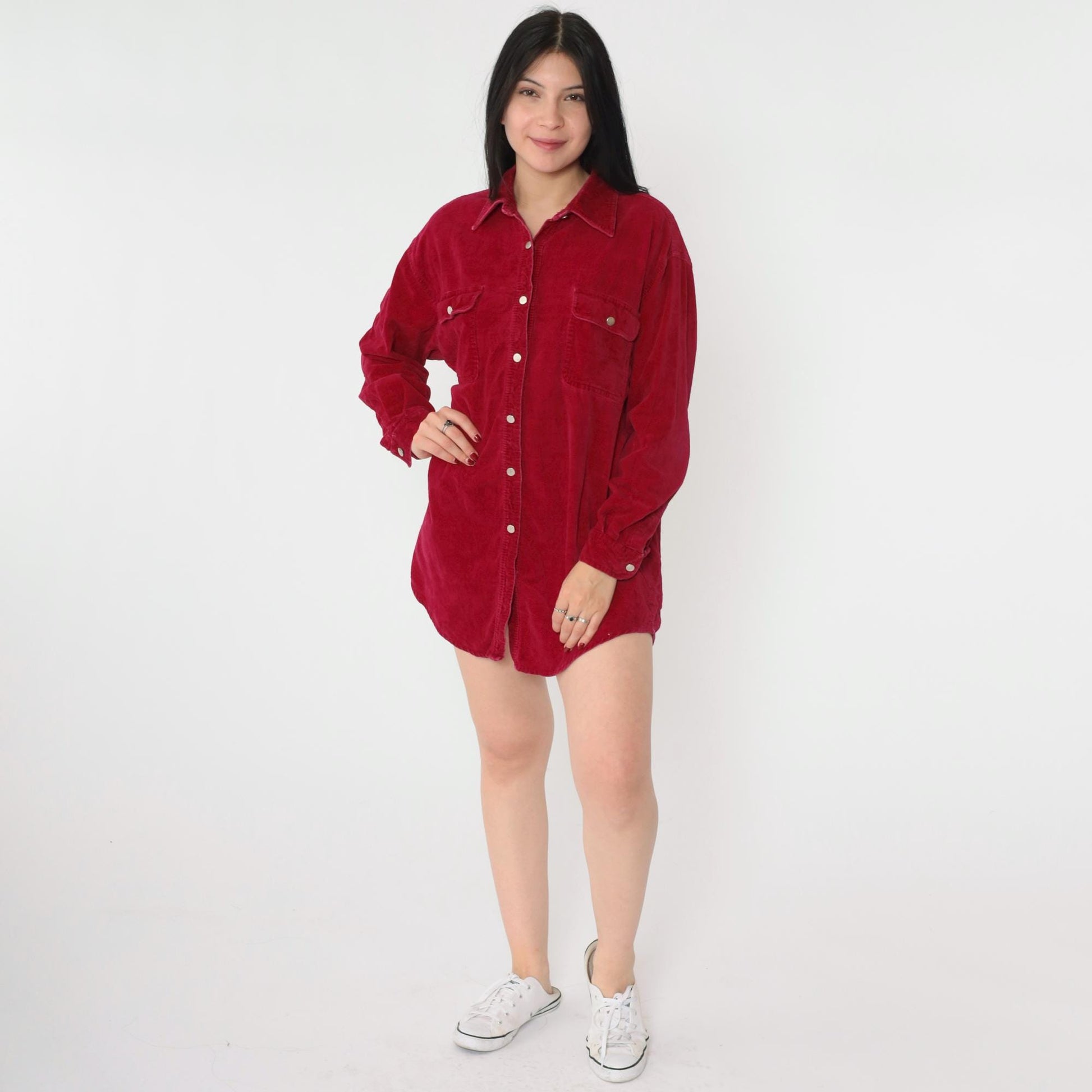 90s Red Cotton Oxford Button-Up Blouse Long Sleeve Chest Pocket Small