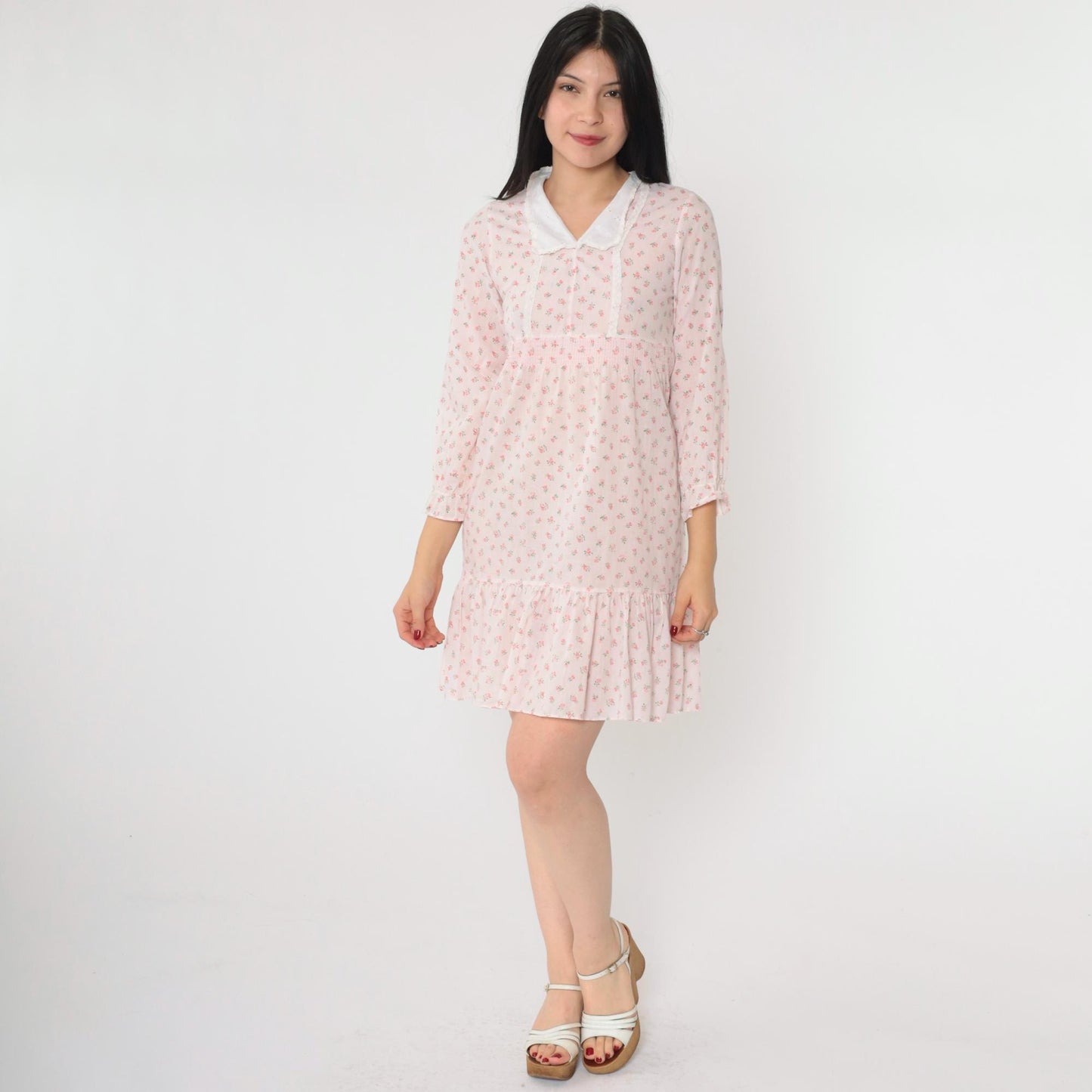 70s Floral Babydoll Dress Baby Pink Empire Waist Mini 3/4 Sleeve Extra Small