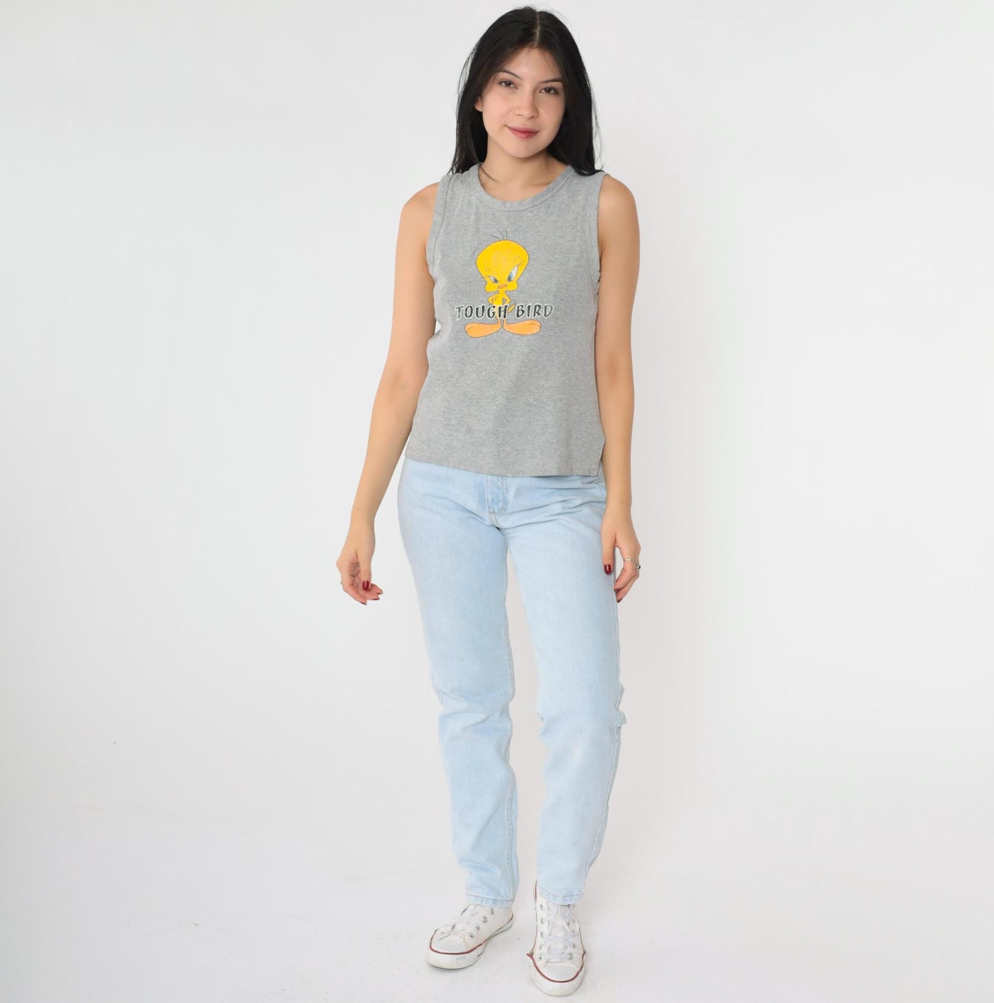 90s Tweety Bird Tough Bird Tank Top Warner Bros Grey Graphic Small