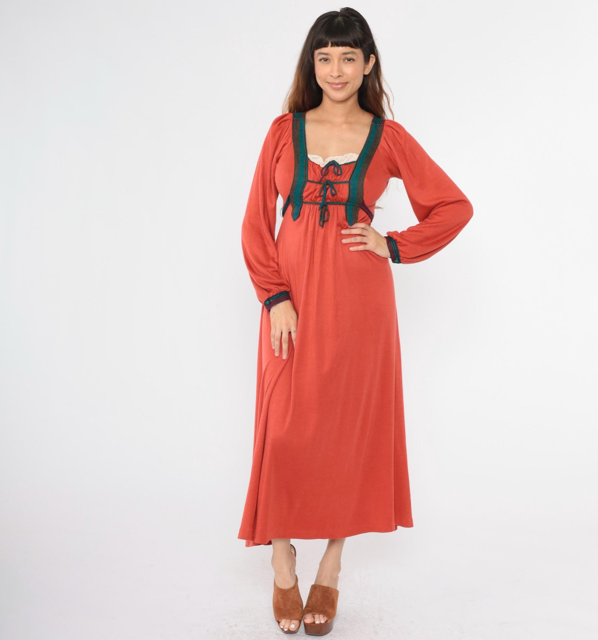 70s Rust Orange Prairie Maxi Dress Puff Sleeve Empire Waist Small Medium