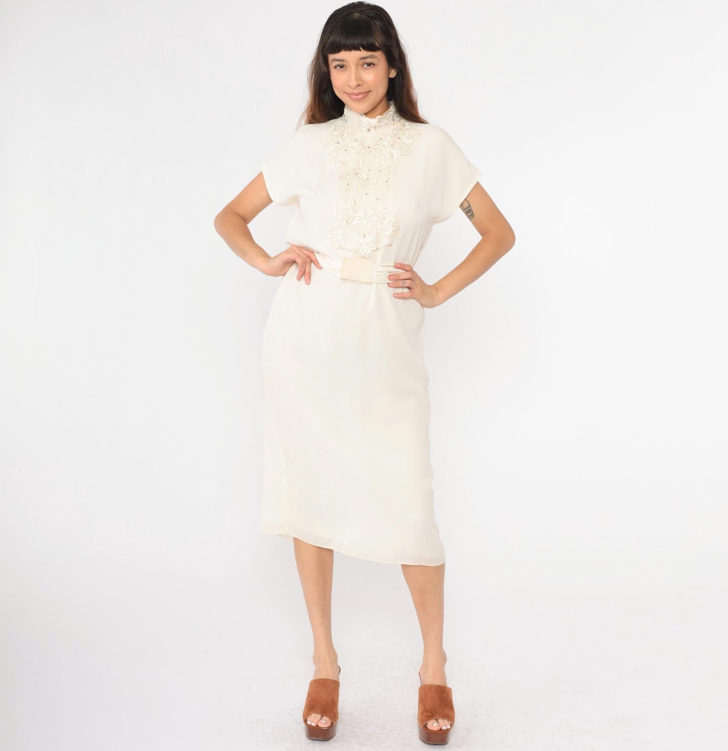 80s Patra Cream Floral Embroidered Beaded Midi Dress Dolman Sleeve Small