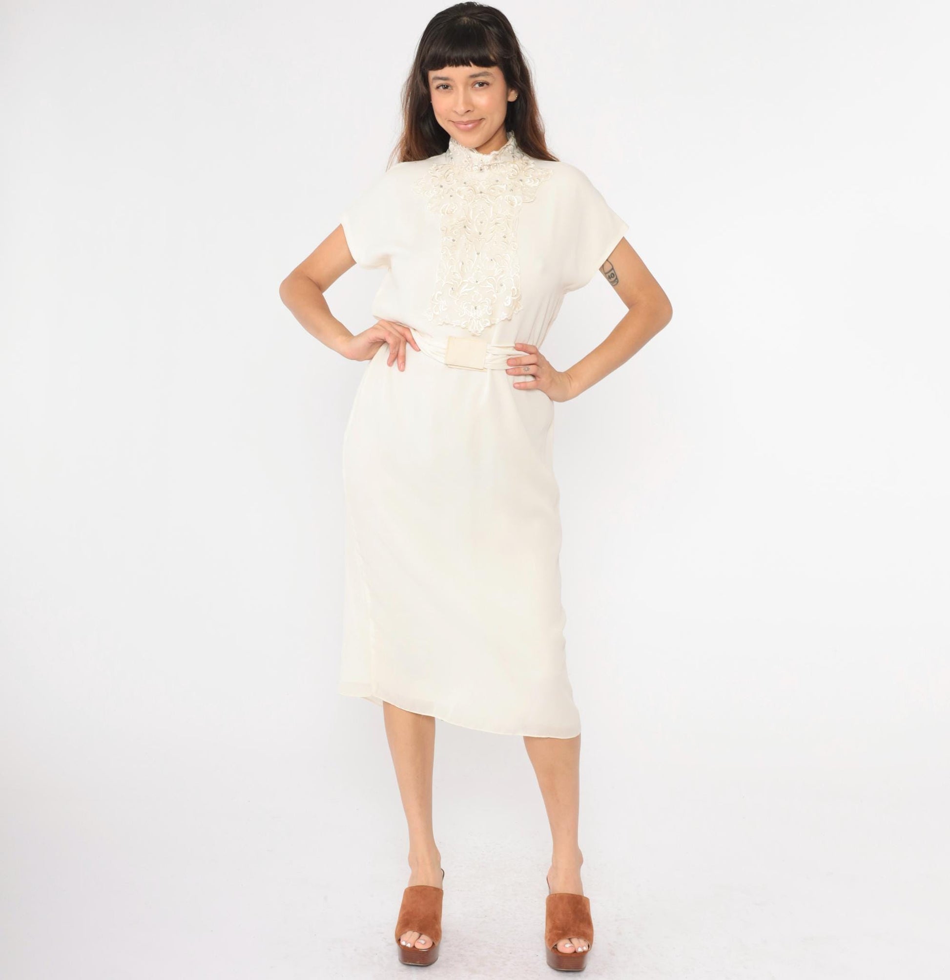 80s Patra Cream Floral Embroidered Beaded Midi Dress Dolman Sleeve Small