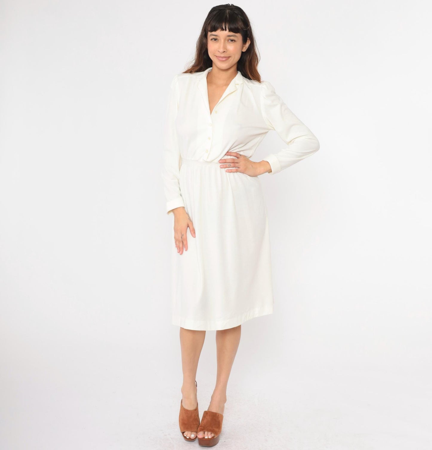 80s Off-White Puff Sleeve Shirtdress Midi High Waist Button Front Small