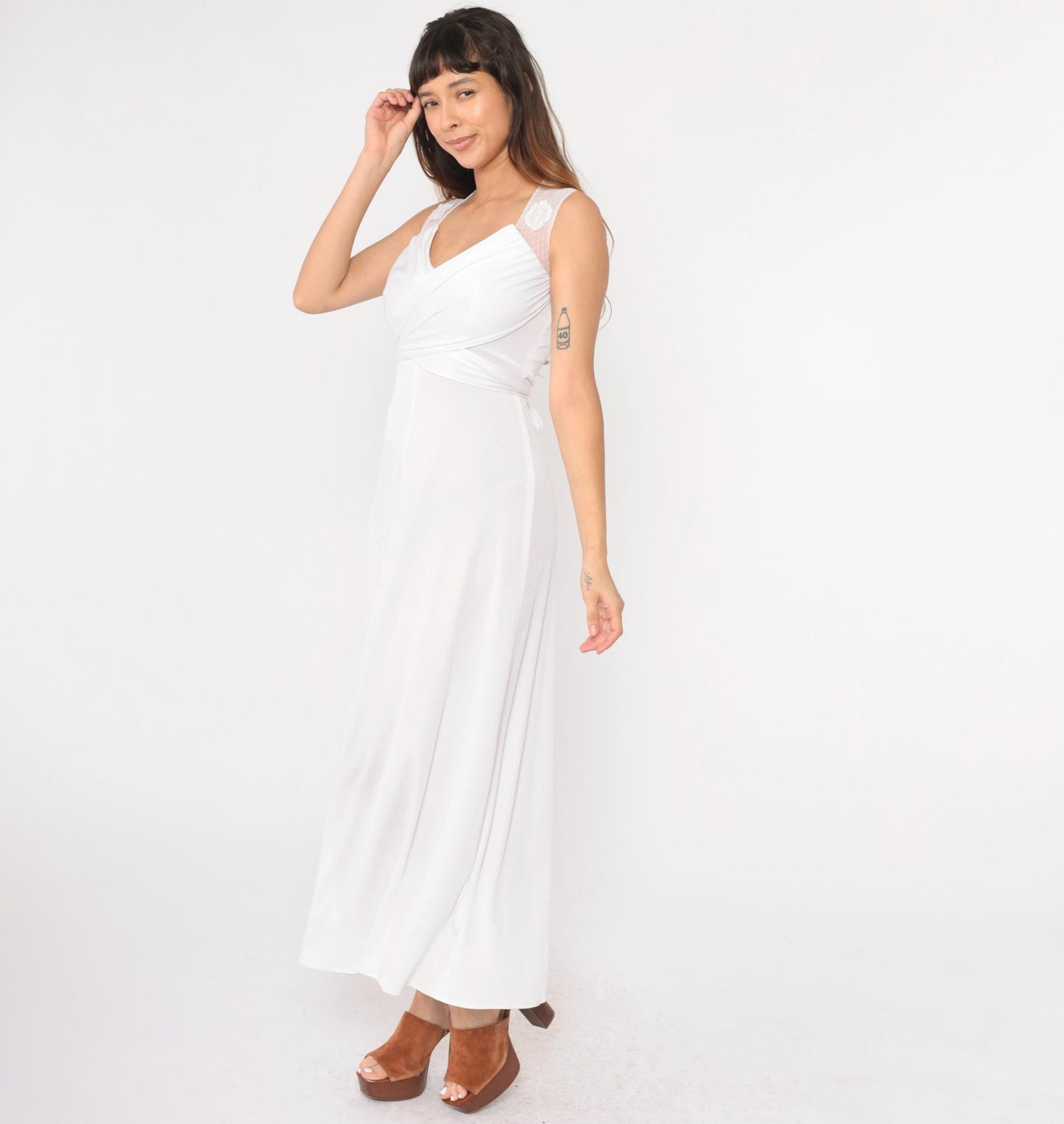 70s White Maxi Dress Sheer Lace Empire Waist Wrap Sleeveless Extra Small
