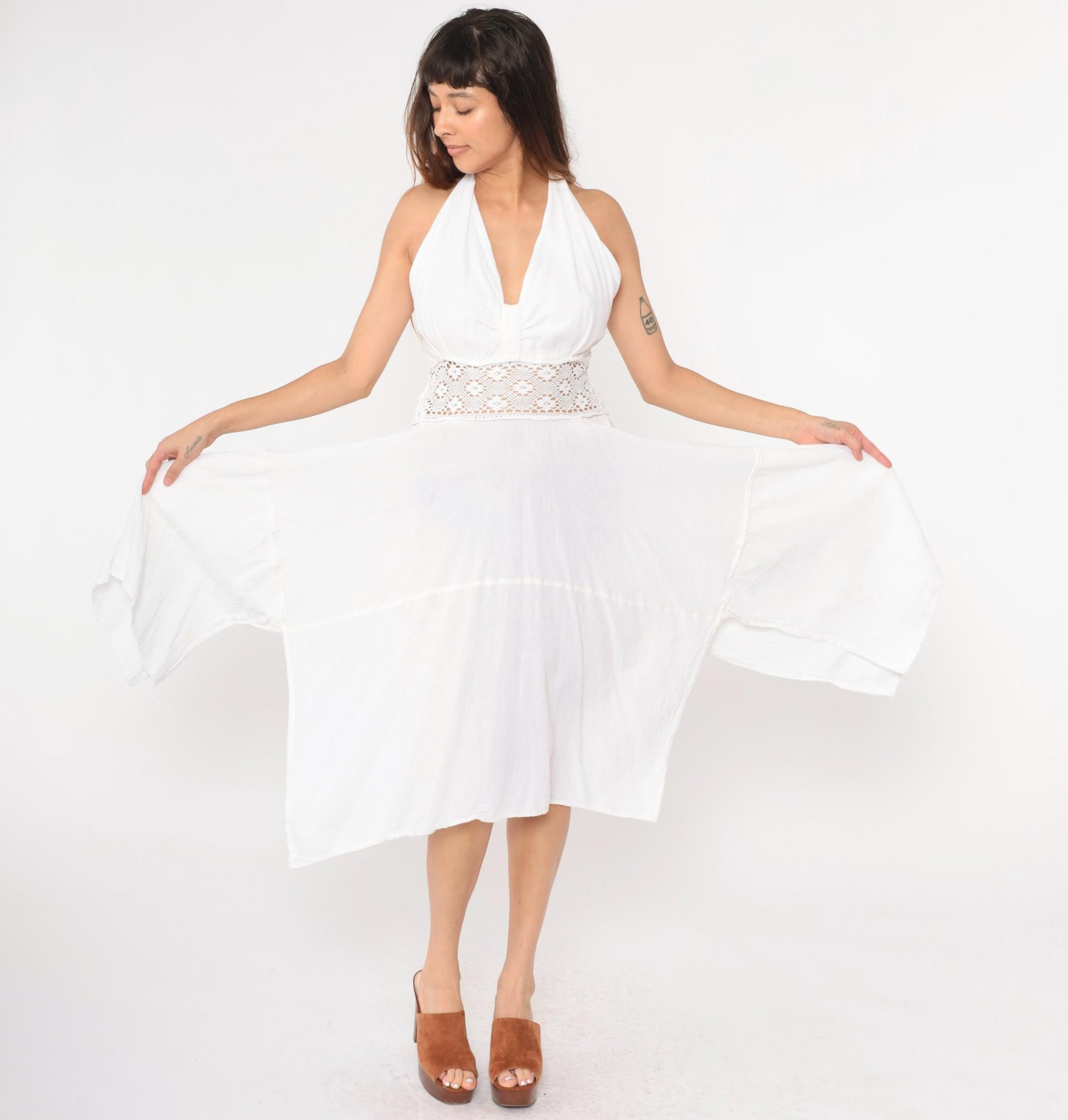 80s White Cotton Halter Midi Dress Crochet Waist Hanky Hem Medium Large