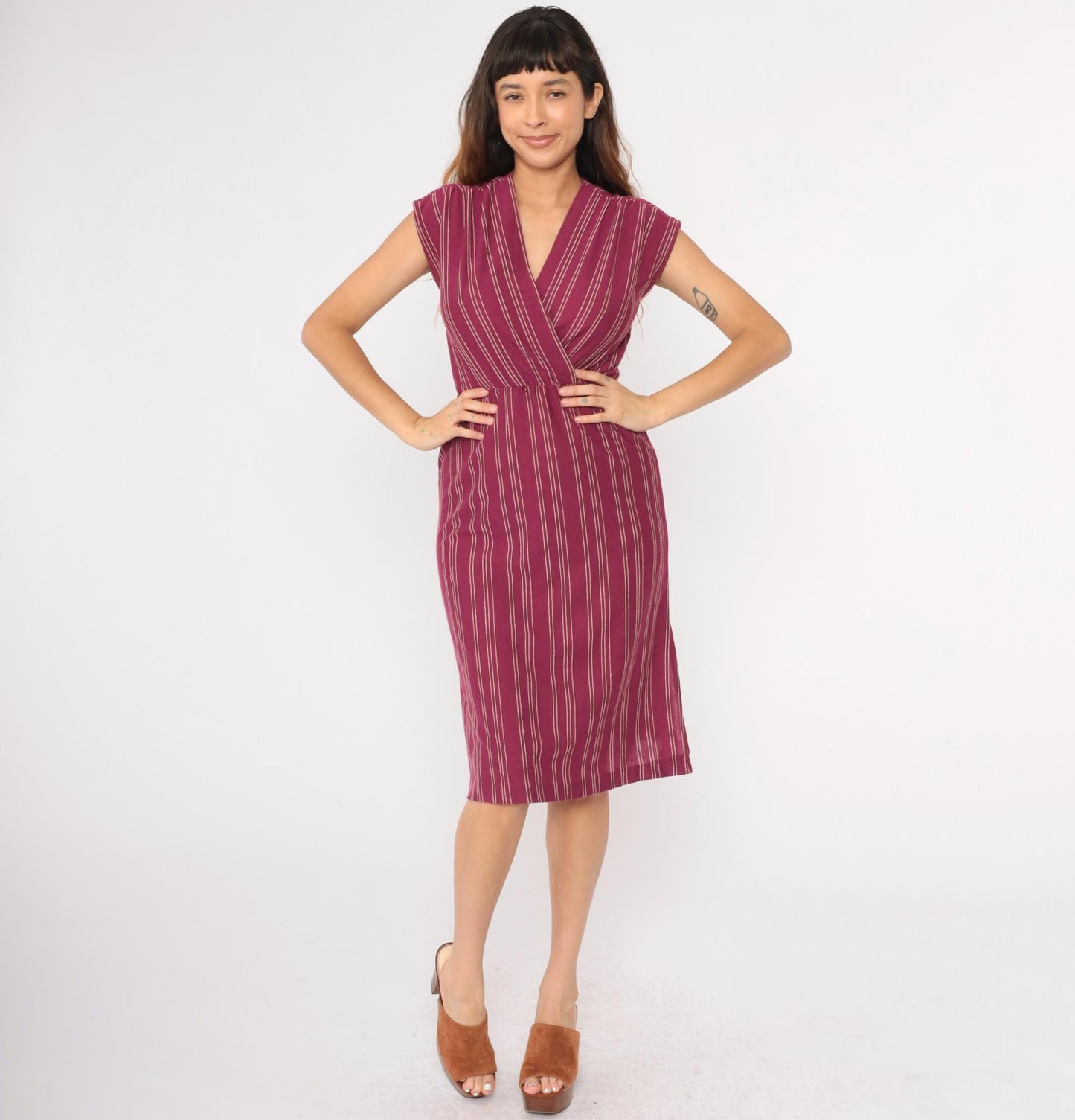 70s Purple Striped Wrap Midi Dress V Neck Cap Sleeve Small