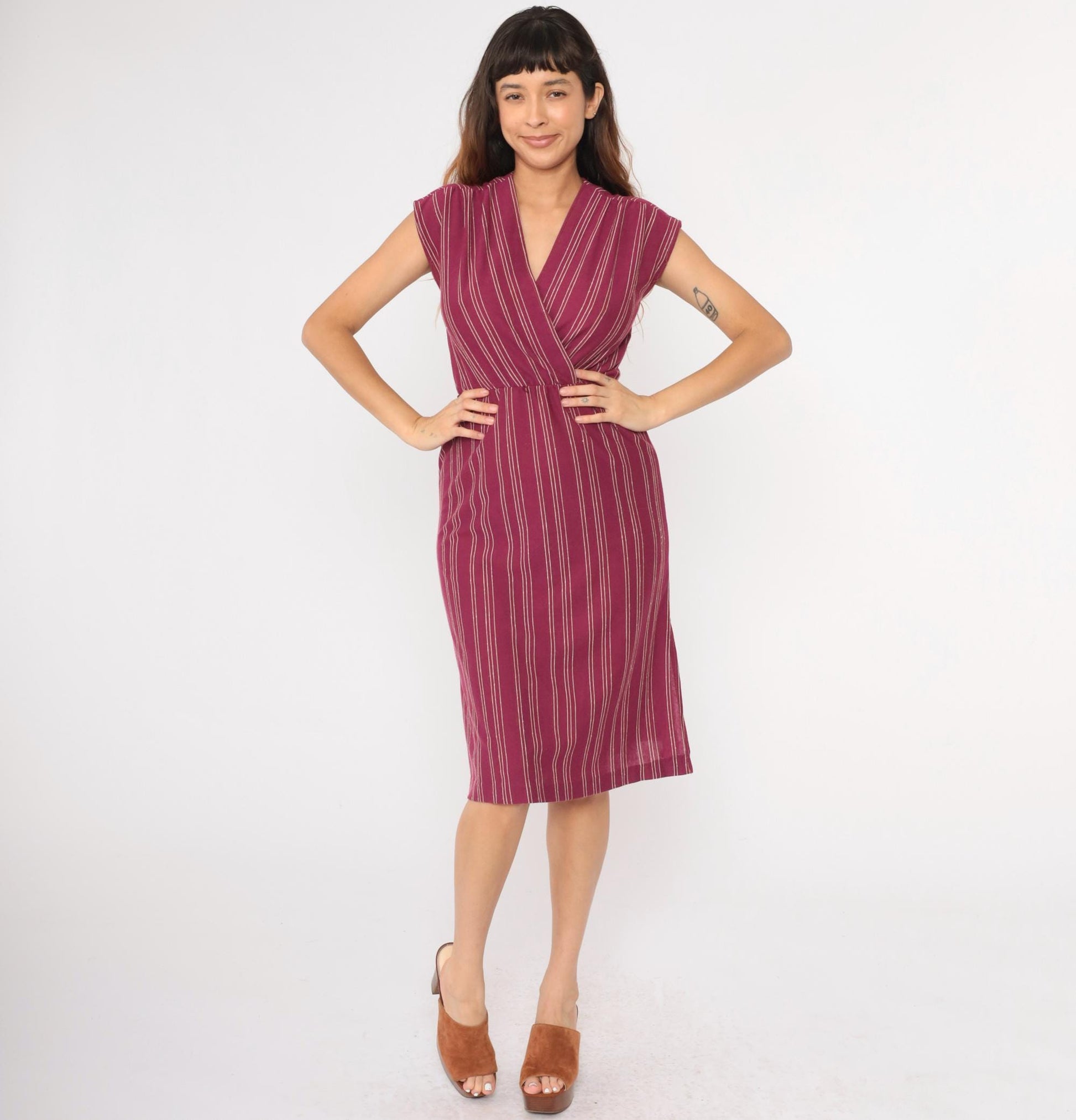 70s Purple Striped Wrap Midi Dress V Neck Cap Sleeve Small