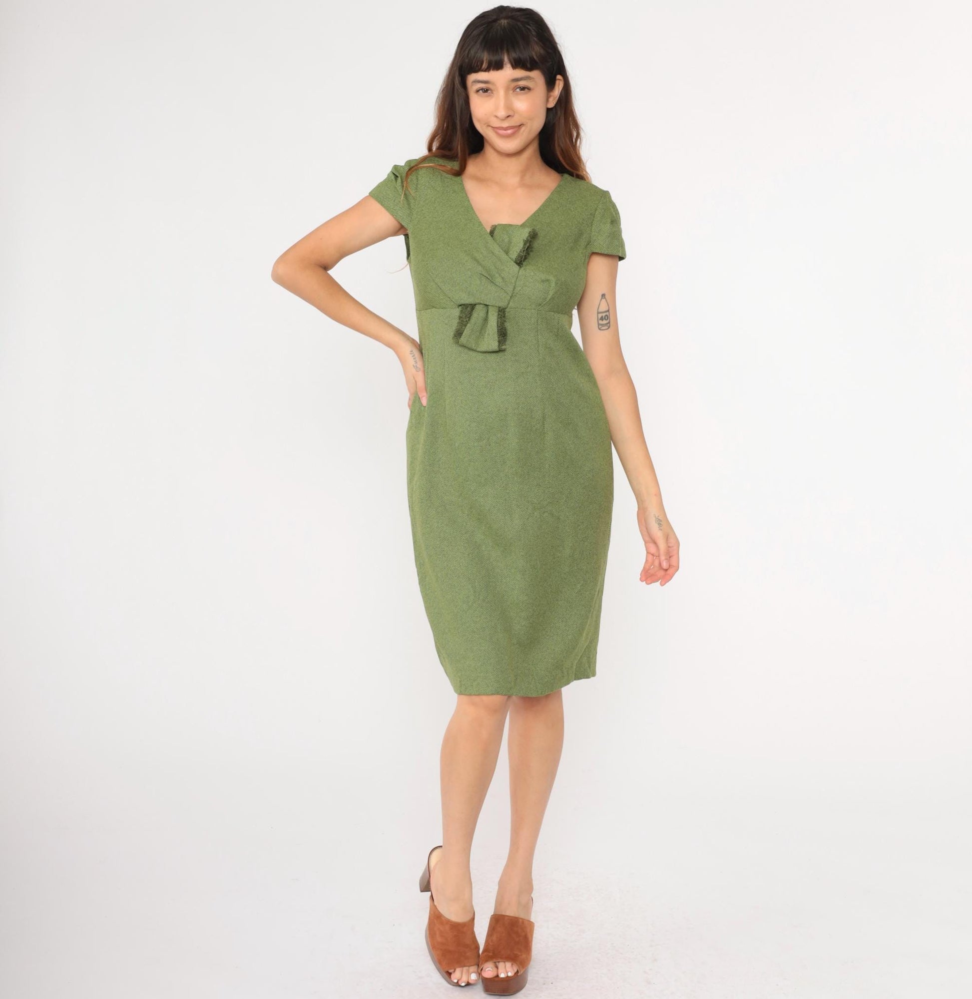 90s Y2K Julian Taylor Olive Green Pencil Dress Fringe Bust Empire Waist Medium