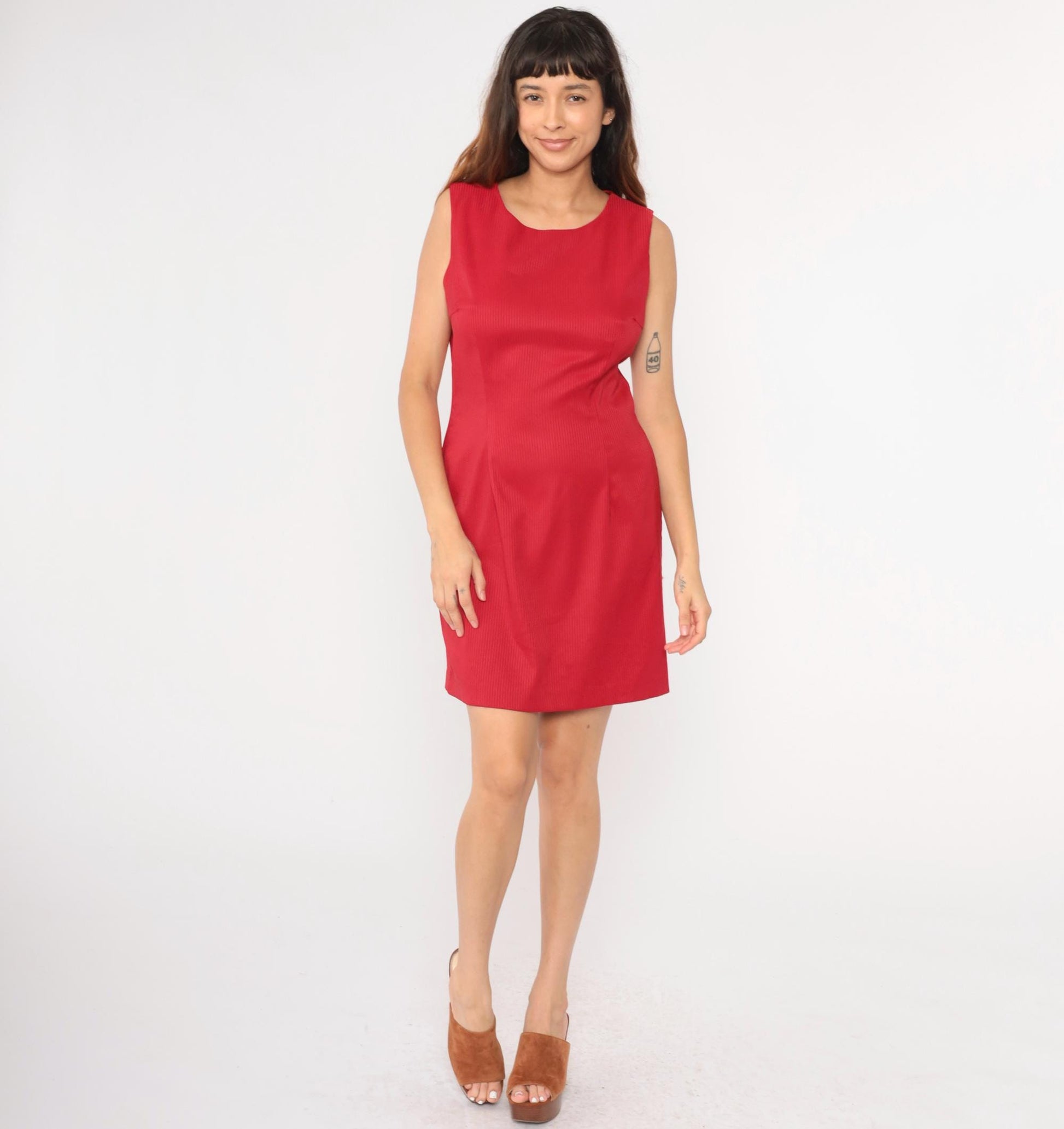 90s Red Striped Mini Sheath Dress Sleeveless Scoop Neck Medium
