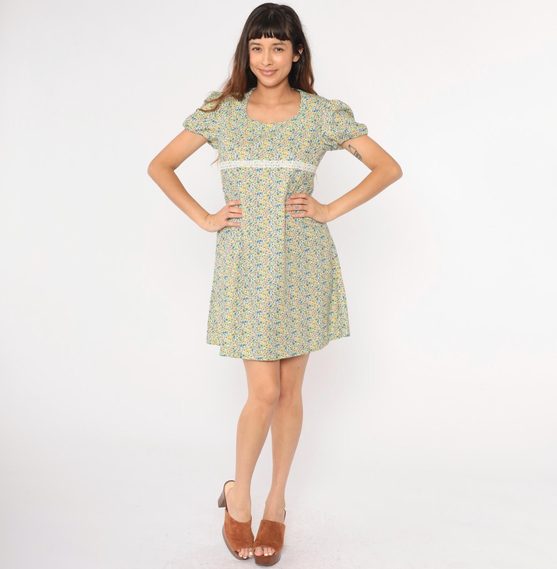 60s Floral Babydoll Dress Puff Sleeve Empire Waist Mini Green Blue Medium
