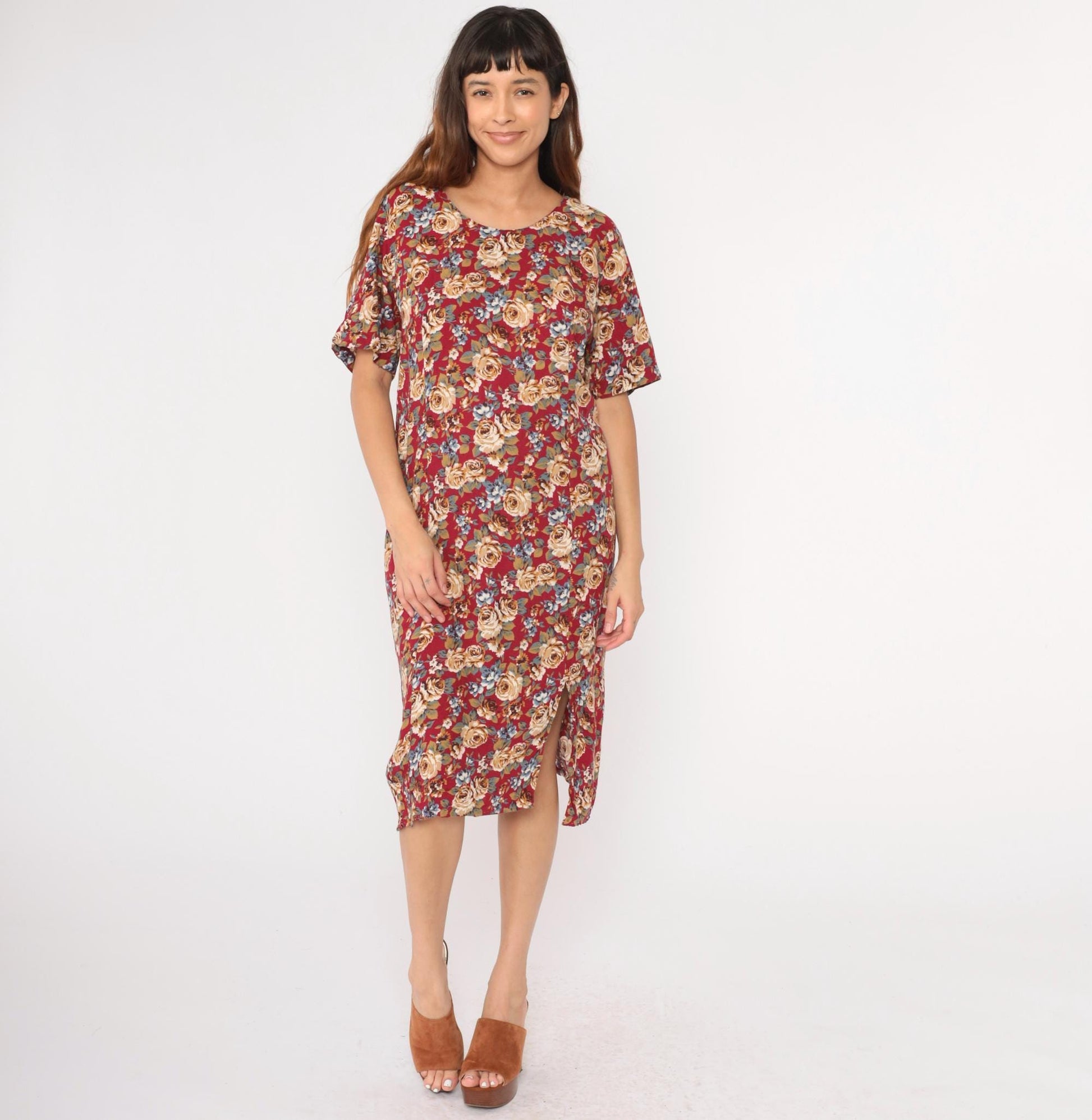 90s Red Floral Midi Dress Side Slit Sheath Princess Seam Medium Large
