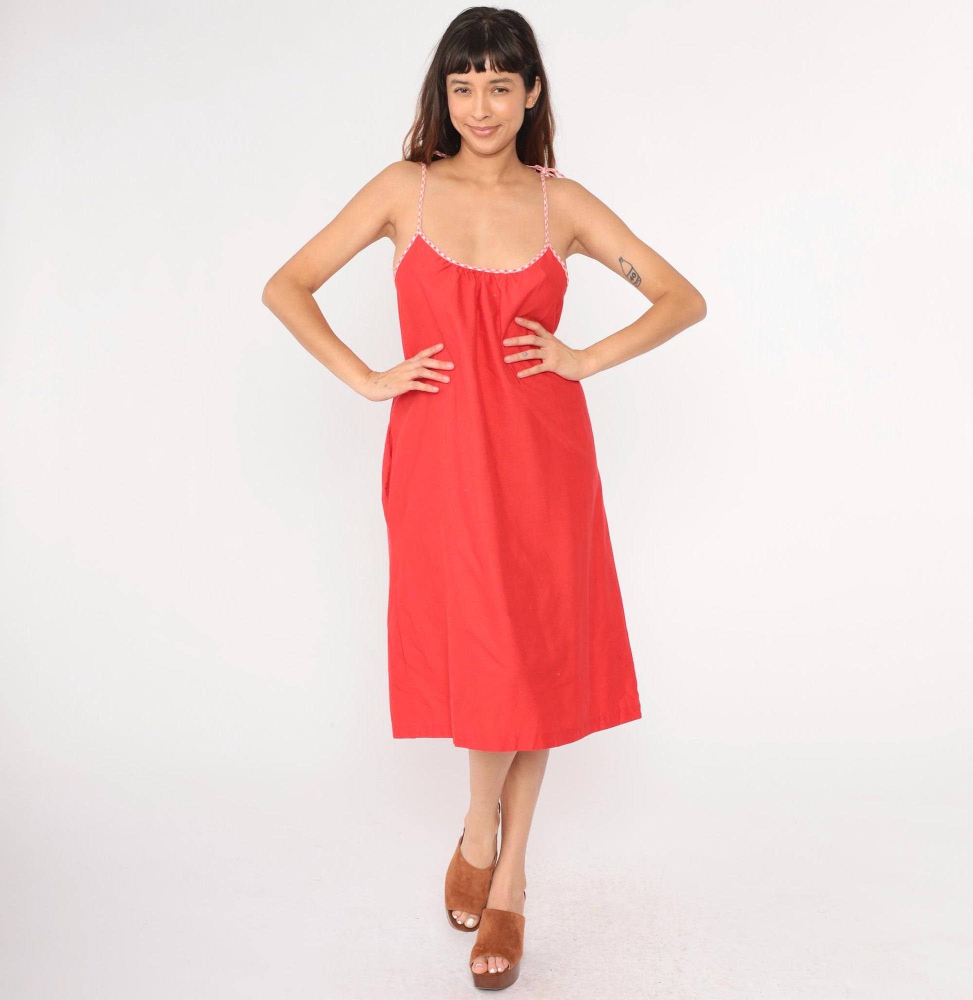 70s Red Spaghetti Strap Midi Tent Dress Checkered Trim Medium M