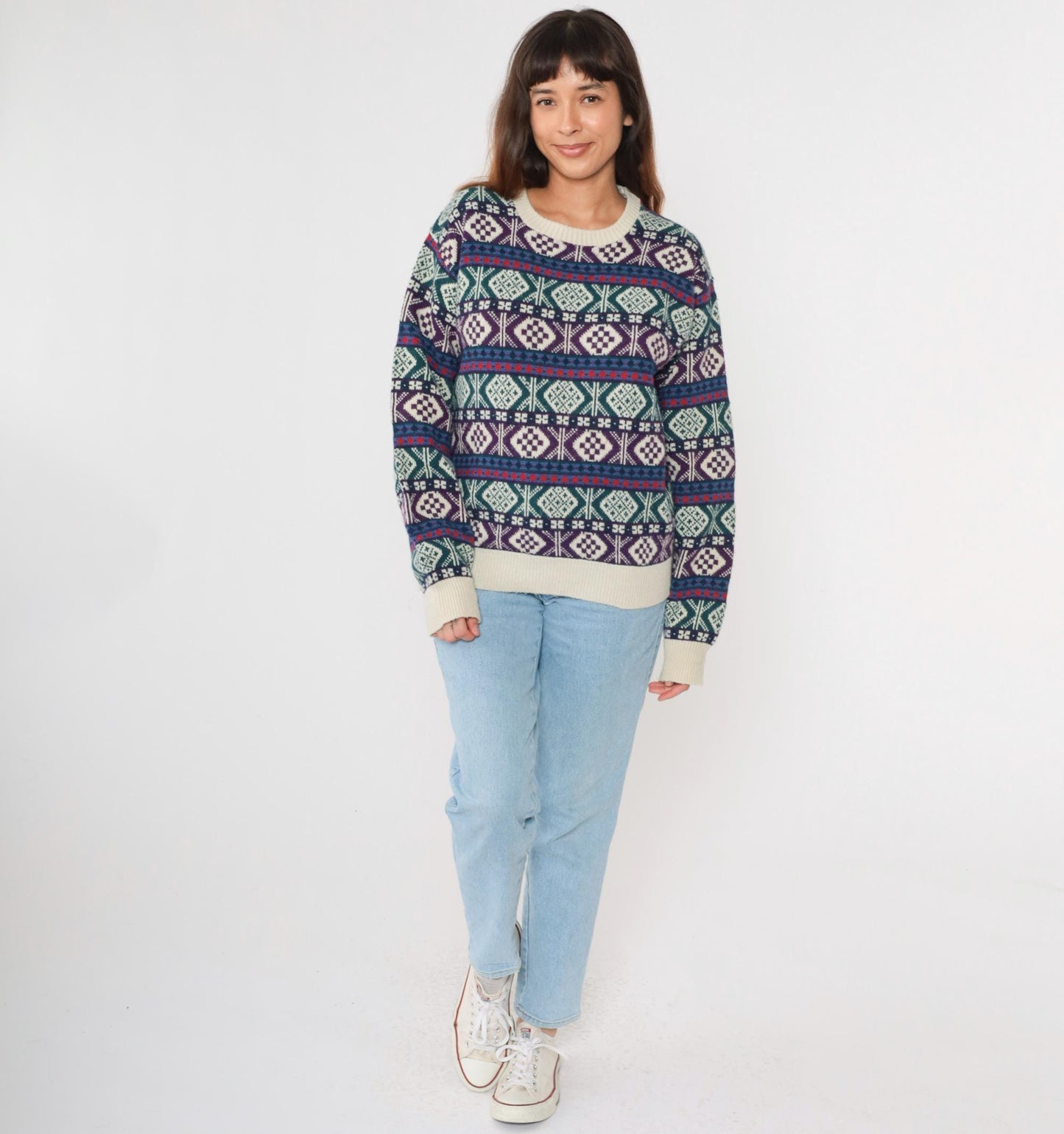 80s Nordic Geometric Fair Isle Sweater Green Purple Knit Pullover Large L