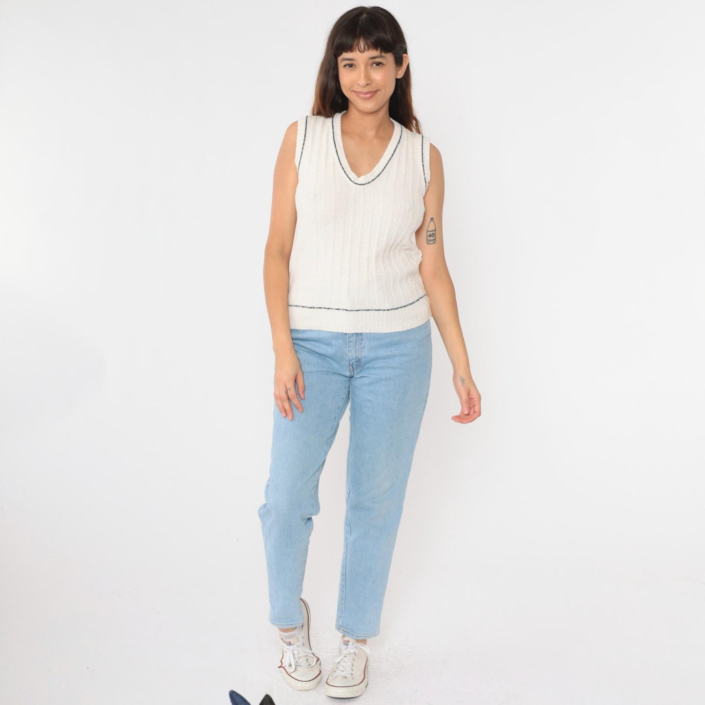 70s Sabra Sweater Vest White Ribbed Knit V-Neck Navy Trim Small